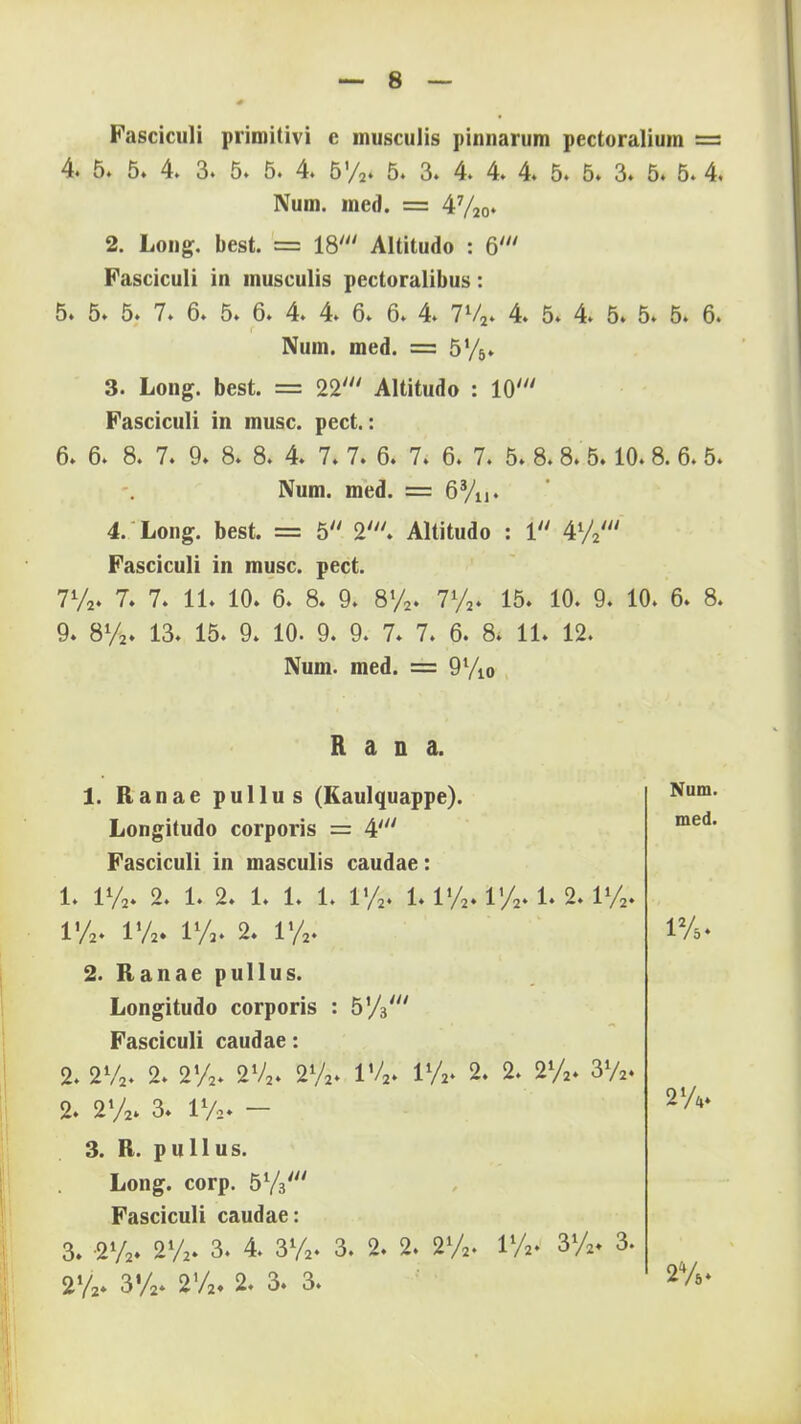 Fasciculi primitivi e musculis pinnarum pectoralium = 4. 5. 5» 4. 3. 5. 5. 4. 5%. 5. 3. 4. 4. 4. 5. 5. 3. 5. 5. 4. Num. med. = 47/20. 2. Long. best. = 18' Altitudo : 6//y Fasciculi in musculis pectoralibus: 5. 5. 5. 7. 6. 5. 6. 4. 4. 6. 6. 4. 7V2. 4. 5. 4. 5» 5. 5. 6. Num. med. = 5y5. 3. Long. best. = 22' Altitudo : 10' Fasciculi in musc. pect.: 6. 6. 8. 7. 9. 8. 8. 4. 7. 7. 6. 7. 6. 7. 5. 8. 8. 5.10. 8. 6. 5. Num. med. = 63/n. 4. Long. best. = 5 2y//. Altitudo : 1 'W Fasciculi in musc. pect. 7%. 7. 7. 11. 10. 6. 8. 9. 8%. 772. 15. 10. 9. 10. 6. 8. 9. 8%. 13. 15. 9» 10. 9. 9. 7. 7. 6. 8. 11. 12. Num. med. = 9l/10 R a n a. 1. Ranae pullus (Eaulquappe). Longitudo corporis = 4//y Fasciculi in masculis caudae: 1. 1%. 2. 1. 2. 1. 1. 1. 1%. 1. 1%. 1%. 1. 2. 1%. 1%. 1%. 1%. 2. 1%. 2. Ranae pullus. Longitudo corporis : 5'/3' Fasciculi caudae: 2. 2V2. 2. 2%. 2V2. 2V2. 1V2. 1%. 2. 2. 2%. 3y2. 2. 2%. 3. 1%. — 3. R. pullus. Long. corp. 5V3' Fasciculi caudae: 3. -2V2. 2%. 3. 4. 3%. 3. 2. 2. 2%. 1%. 3%. 3. 2%. 3V2. 2%. 2. 3. 3. Num. med. IV5. 21/ 4» 2%