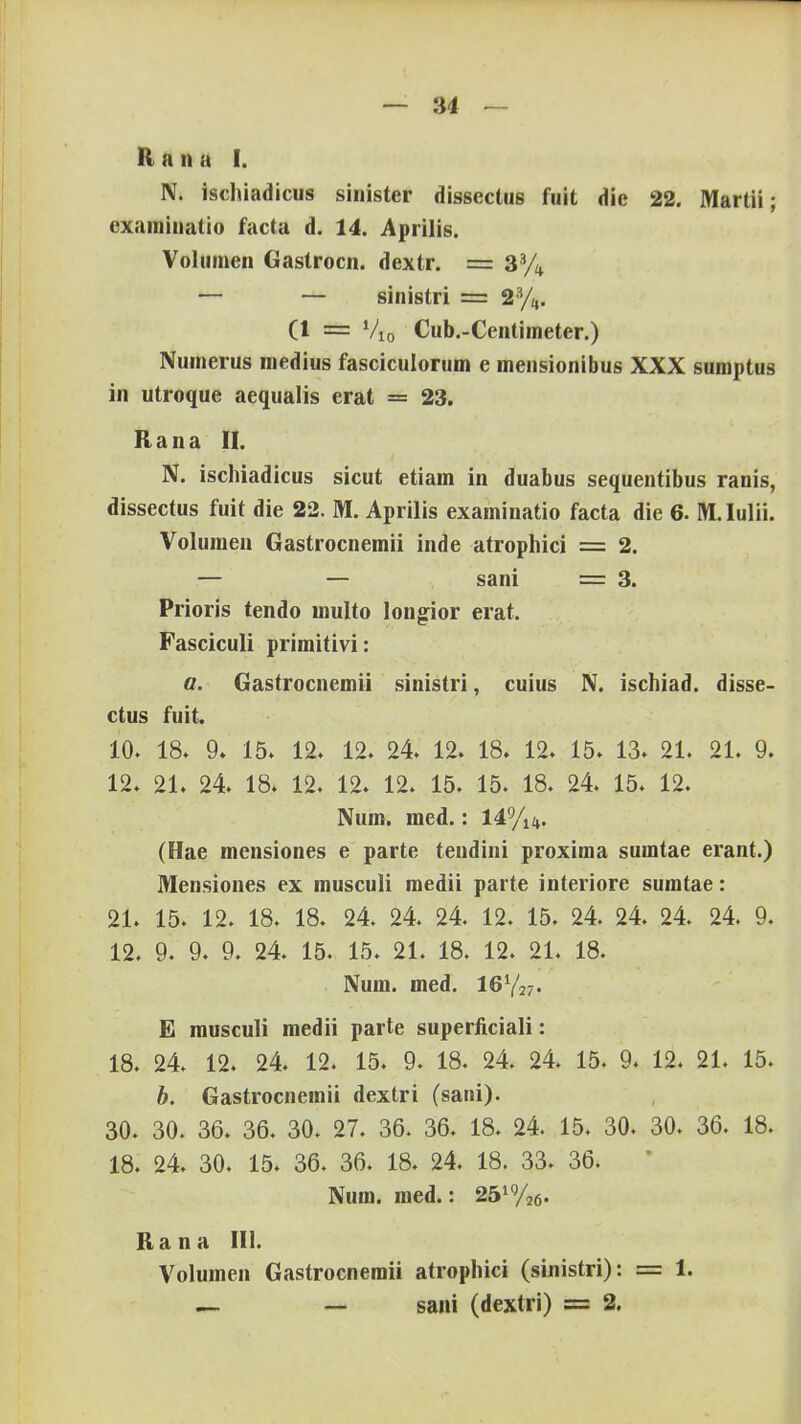R a n a I. N. ischiadicus sinister dissectus fuit die 22. Martii; examinatio facta d. 14. Aprilis. Volumen Gastrocn. dextr. = 3% — — sinistri = 2%. (1 = Vio Cub.-Centimeter.) Numerus medius fasciculorum e mensionibus XXX sumptus in utroque aequalis erat = 23. R a n a II. N. ischiadicus sicut etiam in duabus sequentibus ranis, dissectus fuit die 22. M. Aprilis examinatio facta die 6. M.Iulii. Volumen Gastrocnemii inde atrophici = 2. — — sani = 3. Prioris tendo multo longior erat. Fasciculi primitivi: a. Gastrocnemii sinistri, cuius N. ischiad. disse- ctus fuit. 10. 18. 9. 15. 12. 12. 24. 12. 18. 12. 15. 13. 21. 21. 9. 12. 21. 24. 18. 12. 12. 12. 15. 15. 18. 24. 15. 12. Num. med.: (Hae mensiones e parte tendini proxima sumtae erant.) Mensiones ex musculi medii parte interiore sumtae: 21. 15. 12. 18. 18. 24. 24. 24. 12. 15. 24. 24. 24. 24. 9. 12. 9. 9. 9. 24. 15. 15. 21. 18. 12. 21. 18. Num. med. I6V27. E musculi medii parte superficiali: 18. 24. 12. 24. 12. 15. 9. 18. 24. 24. 15. 9. 12. 21. 15. b. Gastrocnemii dextri (satii). 30. 30. 36. 36. 30. 27. 36. 36. 18. 24. 15. 30. 30. 36. 18. 18. 24. 30. 15. 36. 36. 18. 24. 18. 33. 36. Num. med.: 2519/26. Rana III. Volumen Gastrocnemii atrophici (sinistri): = 1. — — sani (dextri) = 2.