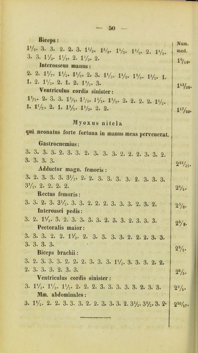 Bicepg: 1%. 3. 3. 2. 2. 3. lVa. 1V2. 1%, IV^ 2. 1%. 3. 3. l'/2. 1%. 2. 1%. 2. Interosseus manus: 2. 2. 1%. 1%. iy2. 2, 3, iy2t 1%< ly i. 2. iy2,2. 1. 2. 1%. 3. Ventriculus cordis sinister: IV 2. 3. 3. 1%. 172. 1V4. 1%. 2* 2. 2. 2. 1%. 1. 1%. 2. L ftl&, 1%. 2. 2. Myoxus nitela qui neonatus forte fortuna in manus meas pervenerat. Gastrocnemius: 3. 3» 3. 3. 2. 3. 3. 2. 3» 3. 3. 2. 2. 2. 3. 3. 2. 3* 3. 3» 3» Adductor magn. femoris: 3. 2. 3. 3. 3. 3%. 2. 2. 3. 3. 3. 3; 2. 3. 3. 3. 3%. 2» 2. 2. 2. Rectus femoris: 3- 3. 2. 3. 3V2. 3. 3. 2, 2. 2. 3. 3, 3. 2. 3. 2. Interossei pedis: 3. 2. 1V2. 3. 2. 3. 3. 3. 3. 2. 3. 3. 2. 3. 3. 3» Pectoralis maior: 3. 3. 3, 2. 2, 1V2. 2- 3. 3. 3, 3. 2. 2, 2. 3. 3. 3» 3» 3» 3* Biceps brachii: 3, 2, 3. 3. 3- 2. 2» 2. 3. 3. 3. 1V2. 3. 3. 3. 2. 2. 2» 3» 3» 3* 2» 3« 3» Ventriculus cordis sinister: 3. iy2. 1V2. iy2. 2. 2. 2. 3. 3. 3. 3. 3. 2. 3. 3. Mm. abdominales: 3. 1% 2. 2. 3. 3. 3. 2. 2. 3. 3. 3. 2. 3%. 3%. 3. 2 Num. med. l%o. l13/20. 117/jo. 2,5/22. 2V5. 2%. 26/s. 23/6. 27;. 210/l7.