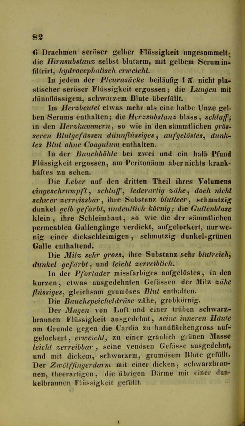 83 4> Drachmen seröser gelber Flüssigkeit nngesammeh« die Hirnsuhslanz selbst blutarm, mit gelbem Serum in- fiKrirt, hydrocepitalisch erweicht. In jedem der Pleurasäcke beiläufig 1 ^. nicht pla- stischer seröser Flüssigkeit ergossen; die Lungen mit dünnflüssigem, schwiiiy.em Blute überfüllt. Im Jlerzbeulel etwas mehr als eine halbe Unze gel- ben Serums enthalten; die Uerzsubstanz biass, schlaff^ in den Herzkammern, so wie in den sämmtlichen gros- sercn Jllufgcfassen diinnflnssiges, aufgelösles, dunk- les lllul ohne Coagnlmn enthalten. In der Bauchhöhle bei zwei und ein halb Pfund Flüssigkeit ergossen, am Perilonäum aber nichts krank- haftes zu sehen. Die Leber auf den dritten Theil ihres Volumens eingeschrumpfl, schlaffe ledcrarlig zähe, doch nicht xchicer zeii-eissbar, ihre Substanz blu/leer, schmutzig dunkel gelb gefärbf, undeuUkh körnig; die Gallenblase klein , ihre Schleimhaut, so wie die der sämmtlichen ])ermeablen Gallengänge verdickt, aufgelockert, nur we- nig einer dickschleimigen, schmutzig dunkel-grünen Galle enthaltend. Die Milz sehr gross, ihre Substanz sehr blutreich^ dunkel gefärbt, und leicht zerreiblich. In der Pforlader missfiirbiges aufgelöstes, in den kurzen, etwas ausgedehnten Gefässcn der Milz zähe flüssiges, gleichsam grumöses Blut enthalten. Die Bauchspeicheldnise zähe, grobkörnig. Der Magen von Luft und einer trüben schwarz- braunen Flüssigkeit ausgedehnt, seine inneren Häute am Grunde gegen die Cardia zu handflächengross auf- gelockert, erweicht^ zu einer graulich grünen Masse leicht zerreibbar y seine venösen Gefässe ausgedehnt, und mit dickem, schwarzem, gruraösem Dlute gefüllt. Der Zwölffingerdarm mit einer dicken, schwarzbrau- nen, tlieerartigen, die übrigen Därme mit einer dun- kelbraunen Flüssigkeit gefüllt.
