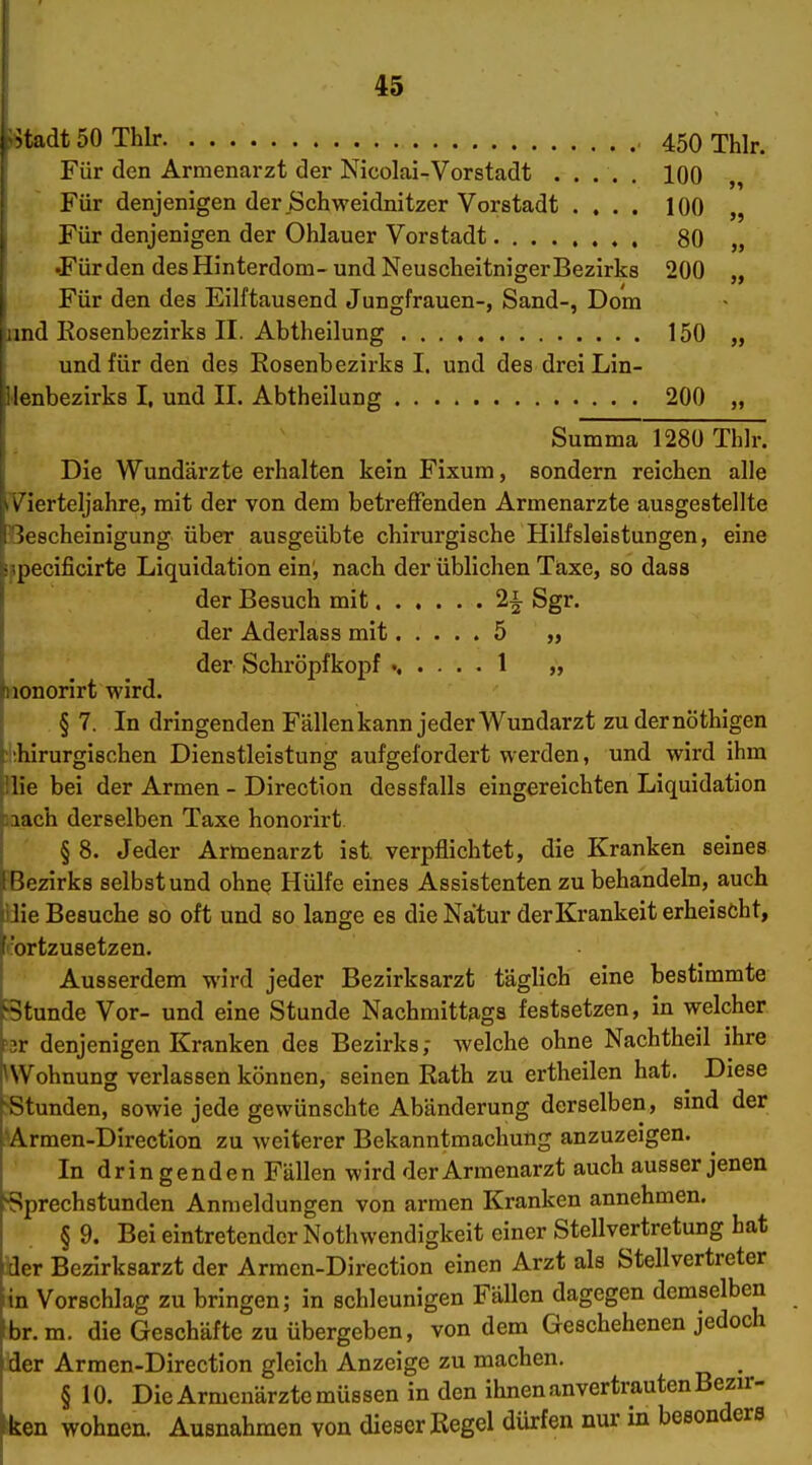 »tadtSOThlr 450 Thlr. Für den Armenarzt der Nicolai-Vorstadt ..... 100 „ Für denjenigen der .Schweidnitzer Vorstadt .... 100 „ Für denjenigen der Ohlauer Vorstadt 80 „ •Fürden desHinterdom-und Neuscheitniger Bezirks 200 „ Für den des Eilftausend Jungfrauen-, Sand-, Dom und Rosenbezirks II. Abtheilung 150 „ und für den des Eosenbezirks I. und des drei Lin- Menbezirks I, und II. Abtheilung 200 „ Summa 1280 Thlr. Die Wundäi'zte erhalten kein Fixum, sondern reichen alle rVierteljahre, mit der von dem betreffenden Armenarzte ausgestellte Bescheinigung über ausgeübte chirurgische Hilfsleistungen, eine jipecificirte Liquidation ein^ nach der üblichen Täxe, so dass der Besuch mit 2i Sgr. der Aderlass mit 5 „ der Schröpfkopf ...... 1 „ nonorirt wird. § 7. In dringenden Fällen kann jeder Wundarzt zu dernöthigen jl'.hirurgischen Dienstleistung aufgefordert werden, und wird ihm Hie bei der Armen - Direction dessfalls eingereichten Liquidation laach derselben Taxe honorirt § 8. Jeder Armenarzt ist verpflichtet, die Kranken seines Bezirks selbst und ohne Hülfe eines Assistenten zu behandeln, auch Hie Besuche so oft und so lange es die Natur der Kränkelt erheischt, cortzusetzen. Ausserdem wird jeder Bezirksarzt täglich eine bestimmte Stunde Vor- und eine Stunde Nachmittags festsetzen, in welcher >3r denjenigen Kranken des Bezirks; welche ohne Nachtheil ihre ^Wohnung verlassen können, seinen Rath zu ertheilen hat. ^ Diese ^Stunden, sowie jede gewünschte Abänderung derselben, sind der :^Armen-Direction zu weiterer Bekanntmachung anzuzeigen. In dringenden Fällen wird der Armenarzt auch ausser jenen Sprechstunden Anmeldungen von armen Kranken annehmen. § 9. Bei eintretender Nothwendigkeit einer Stellvertretung hat Her Bezirksarzt der Armen-Direction einen Arzt als Stellvertreter tn Vorschlag zu bringen; in schleunigen Fällen dagegen demselben !br.m. die Geschäfte zu übergeben, von dem Geschehenen jedoch der Armen-Direction gleich Anzeige zu machen. ^ § 10. Die Armenärzte müssen in den ihnen anvertrauten Bezir- iken wohnen. Ausnahmen von dieser Regel dürfen nur in besonders