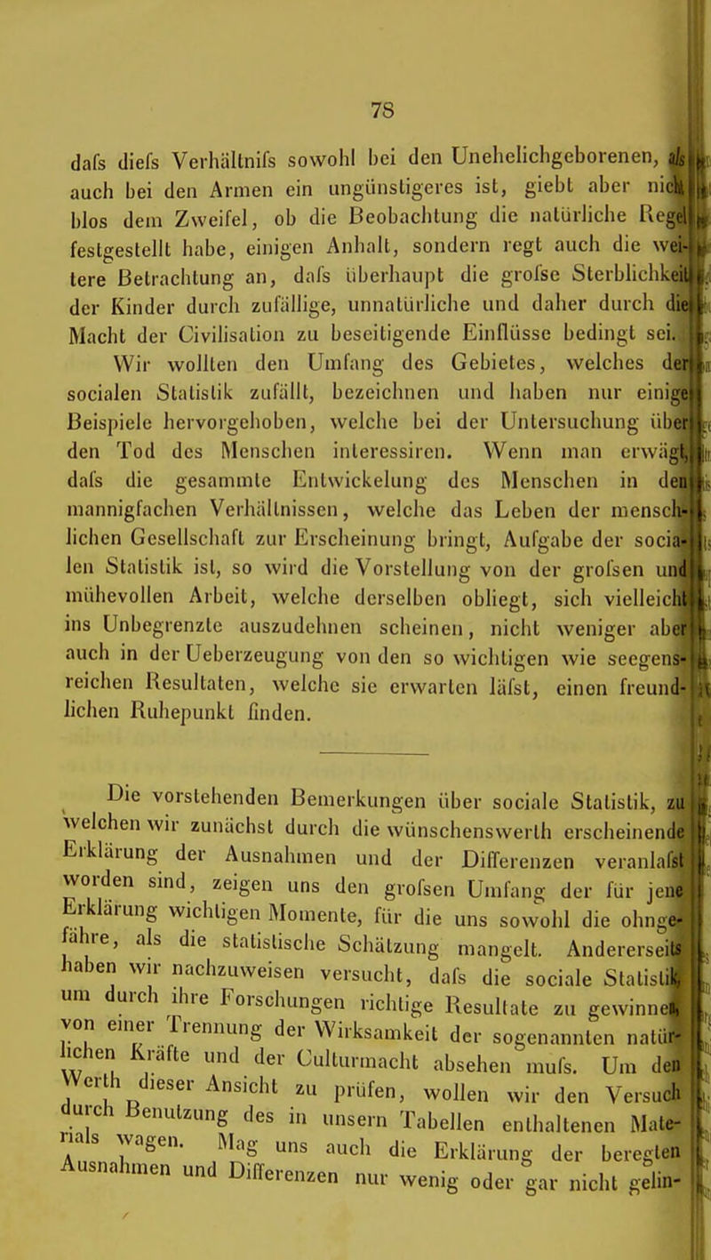 dafs (liefs Verhältnifs sowohl bei den Unehelichgeborenen, |/, auch bei den Armen ein ungünstigeres ist, giebt aber nick blos dem Zweifel, ob die Beobachtung die natürliche Reg( festgestellt habe, einigen Anhalt, sondern regt auch die wei tere Betrachtung an, dafs überhaupt die grofse Sterbliclikeu der Kinder durch zufallige, unnatürliche und daher durch die Macht der Civilisation zu beseitigende Einflüsse bedingt sei. Wir wollten den Umfang des Gebietes, welches der socialen Statistik zufällt, bezeichnen und haben nur eini Beispiele hervorgehoben, welche bei der Untersuchung üb den Tod des Menschen interessircn. Wenn man erwä dafs die gesammle Entwickelung des Menschen in d mannigfachen Verhältnissen, welche das Leben der mensc liehen Gesellschaft zur Erscheinung bringt, Aufgabe der soci len Statistik ist, so wird die Vorstellung von der grofsen u mühevollen Arbeit, welche derselben obliegt, sich vielleic ins Unbegrenzte auszudehnen scheinen, nicht weniger ab auch in der Ueberzeugung von den so wichtigen wie seegen reichen Resultaten, welche sie erwarten läfst, einen freun liehen Ruhepunkt finden. Die vorstehenden Bemerkungen über sociale Statistik, welchen wir zunächst durch die wünschenswerlh erscheinen Erklärung der Ausnahmen und der Differenzen veranla worden sind, zeigen uns den grofsen Umfang der für je Erklärung wichtigen Momente, für die uns sowohl die ohng fahre, als die statistische Schätzung mangelt. Andererse^ haben wir nachzuweisen versucht, dafs die sociale Statist um durch ihre Forschungen richtige Resultate zu gewinn von emer Trennung der Wirksamkeit der sogenannten naf- heben Kräfte und der Cultur.nacht absehen mufs. Um de_ Werth dieser Ansicht zu prüfen, wollen wir den Versuch durch Benutzung des in unsern Tabellen enthaltenen Mate- nais wagen. Mag uns auch die Erklärung der beregten Ausnahmen und Differenzen nur wenig oder gar nicht gelin-