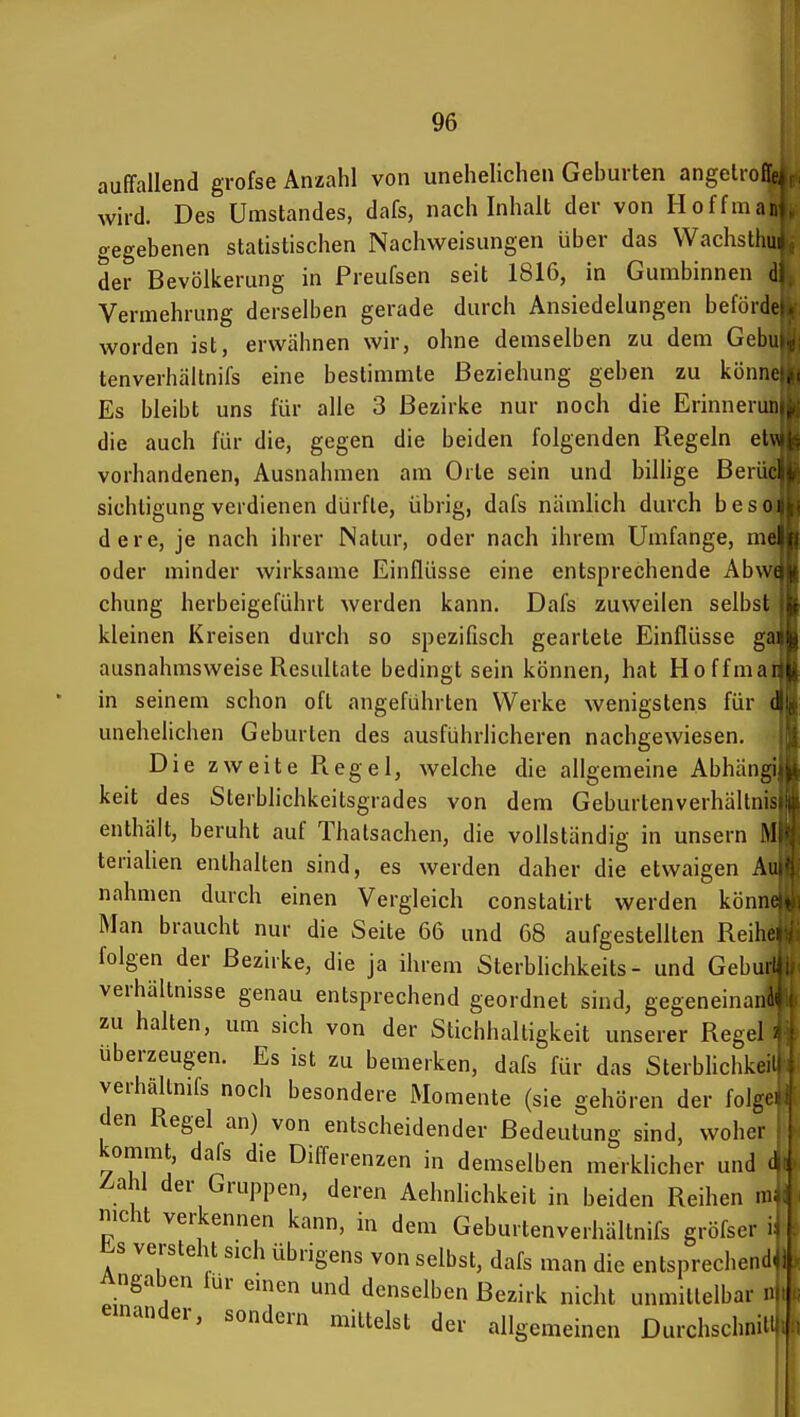 au wir ffallend grofse Anzahl von unehelichen Gehurten angelrofl w.rd. Des Umstandes, dafs, nach Inhalt der von Hoffmai, <regebenen statistischen Nachweisungen über das VVachsthu der Bevölkerung in Preufsen seit 1816, in Gunibinnen d, Vermehrung derselben gerade durch Ansiedelungen befördei. worden ist, erwähnen wir, ohne demselben zu dem Gebuh- tenverhältnifs eine bestimmte Beziehung geben zu könne!<(i Es bleibt uns für alle 3 Bezirke nur noch die Erinneruni|(; die auch für die, gegen die beiden folgenden Regeln etwij^ vorhandenen, Ausnahmen am Orte sein und billige Berücij» sichligung verdienen dürfle, übrig, dafs nämlich durch besoni^i dere, je nach ihrer Natur, oder nach ihrem Umfange, meli(j oder minder wirksame Einflüsse eine entsprechende Abwafe chung herbeigeführt werden kann. Dafs zuweilen selbst tf kleinen Kreisen durch so spezifisch geartete Einflüsse gaiiw ausnahmsweise Resultate bedingt sein können, hat Hoffmadis in seinem schon oft angeführten Werke wenigstens für (Big unehelichen Geburten des ausführlicheren nachgewiesen. \] Die zweite Regel, welche die allgemeine Abhängi»^ keit des Sterblichkeitsgrades von dem Geburtenverhältnisii||t enthält, beruht auf Thalsachen, die vollständig in unsern Ml<j terialien enthalten sind, es werden daher die etwaigen Aui'j nahmen durch einen Vergleich constalirt werden könna»), Man braucht nur die Seite 66 und 68 aufgestellten Reiher^ folgen der Bezirke, die ja ihrem Sterblichkeits - und Geburijl, Verhältnisse genau entsprechend geordnet sind, gegeneinandk zu halten, um sich von der Stichhaltigkeit unserer Regel /' uberzeugen. Es ist zu bemerken, dafs für das Sterblichkci verhaltnils noch besondere Momente (sie gehören der fol^> den Regel an) von entscheidender Bedeutung sind, woher kommt, dafs die Differenzen in demselben merklicher und > Z^ahl der Gruppen, deren Aehnlichkeit in beiden Reihen n nicht verkennen kann, in dem Geburtenverhältnifs gröfser versteht sich übrigens von selbst, dafs man die entsprechen^! Angaben lur einen und denselben Bezirk nicht unmittelbar . einander, sondern mittelst der allgemeinen Durchscbnü