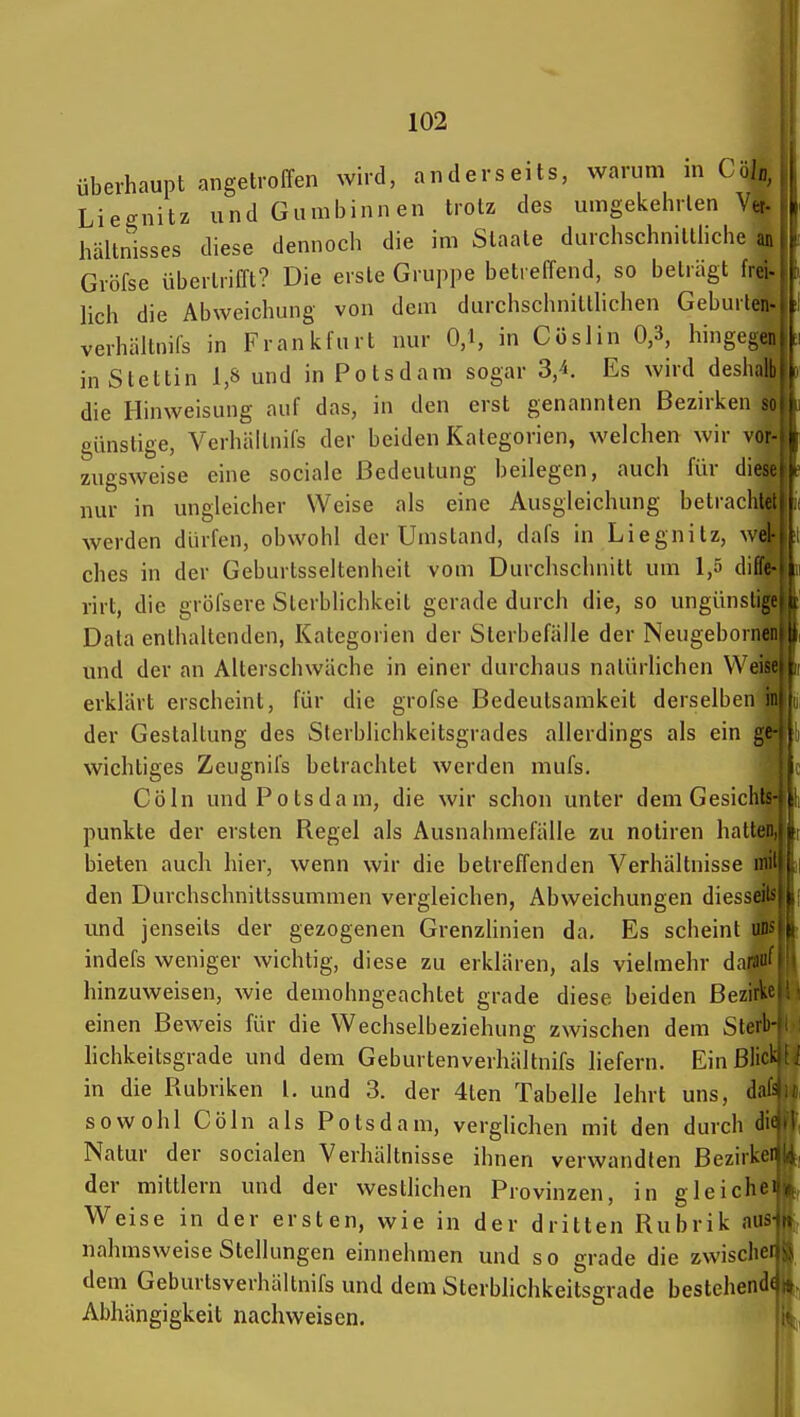 überhaupt angetroffen wird, anderseits, warum in Cöla, Lieenitz undGurabinnen trotz des umgekehrten V«. hältnisses diese dennoch die im Staate durchschnittHche an Gröfse übertrifft? Die erste Gruppe betreffend, so beträgt frei- lich die Abweichung von dem durchschnitthchen Geburten verhiiltnifs in Frankfurt nur 0,1, in Cöslin 0,3, hingegei in Stettin 1,8 und in Potsdam sogar 3,4. Es wird deshnli die Hinweisung auf das, in den erst genannten Bezirken s günstige, Verhältnifs der beiden Kategorien, welchen wir vor zugsweise eine sociale Bedeutung beilegen, auch für dies nur in ungleicher Weise als eine Ausgleichung betrachU werden dürfen, obwohl der Umstand, dafs in Liegnitz, wo: ches in der Geburtsseltenheit vom Durchschnitt um 1,5 difit rirt, die gröfsere Sterblichkeit gerade durch die, so ungünslii; Data enthaltenden, Kategorien der Sterbefälle der Neugeboriic und der an Alterschwäche in einer durchaus natürlichen Weis erklärt erscheint, für die grofse Bedeutsamkeit derselben i der Gestaltung des Slerblichkeitsgrades allerdings als ein ge- wichtiges Zeugnifs betrachtet werden mufs. Cöln und Potsdam, die wir schon unter dem Gesichts- punkte der ersten Regel als Ausnahmefälle zu notiren hattci bieten auch hier, wenn wir die betreffenden Verhältnisse nr den Durchschnittssummen vergleichen, Abweichungen diesseii und jenseits der gezogenen Grenzhnien da. Es scheint un indefs weniger wichtig, diese zu erklären, als vielmehr dara« hinzuweisen, wie demohngeachtet grade diese beiden ßezirl^ einen Beweis für die Wechselbeziehung zwischen dem Sterb- lichkeitsgrade und dem Geburtenverhältnifs liefern. Ein ßü^ in die Rubriken l. und 3. der 4ten Tabelle lehrt uns, da sowohl Cöln als Potsdam, vergHchen mit den durch di Natur der socialen Verhältnisse ihnen verwandten Bezirke^ der mittlem und der westhchen Provinzen, in gleiche Weise in der ersten, wie in der dritten Rubrik au^ nahmsweise Stellungen einnehmen und so grade die zwischer dem Geburtsverhältnifs und dem Sterbhchkeitsgrade bestehend Abhängigkeit nachweisen.