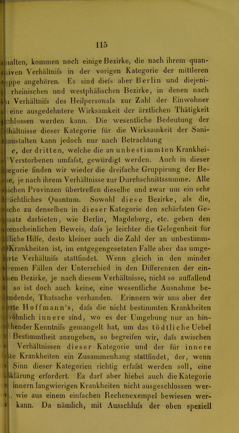 Malten, kommen noch einige Bezirke, die nach ihrem quan- „iven Verhällnifs in der vorigen Kategorie der mittleren i;ppe angehören. Es sind diefs aber Berlin und diejeni- rheinischen und vvestphälischen Bezirke, in denen nach 11 Verhältnifs des Heilpersonals zur Zahl der Einwohner eine ausgedehntere Wirksamkeit der ärztlichen Thäligkeit hlossen werden kann. Die wesentliche Bedeutung der fchältnisse dieser Kategorie für die Wirksamkeit der Sani- nstalten kann jedoch nur nach Betrachtung c, der dritten, welche die an unbestimmten Krankhei- Werstorbenen umfafst, gewürdigt werden. Auch in dieser gorie finden wir wieder die dreifache Gruppirung der Be- ee, je nach ihrem Verhältnisse zur Durchschnittssumme. Alle flohen Provinzen übertrefien dieselbe und zwar um ein sehr 'ächtliches Quantum. Sowohl diese Bezirke, als die, cche zu denselben in dieser Kategorie den schärfsten Ge- satz darbieten, wie Berlin, Magdeburg, etc. geben den «enscheinlichen Beweis, dafs je leichter die Gelegenheit für [iche Hilfe, desto kleiner auch die Zahl der an unbestimm- rankheiten ist, im entgegengesetzten Falle aber das umge- •te Verhältnifs stattfindet. Wenn gleich in den minder emen F'ällen der Unterschied in den Differenzen der ein- en Bezirke, je nach diesem Verhältnisse, nicht so auffallend so ist doch auch keine, eine wesentliche Ausnahme be- dende, Thatsache vorhanden. Erinnern wir uns aber der e Hoffmann's, dafs die nicht bestimmten Krankheilen ohnlich innere sind, wo es der Umgebung nur an hin- hender Kennlnifs gemangelt hat, um das tödtliche Uebel Bestimmtheit anzugeben, so begreifen wir, dafs zwischen Verhältnissen dieser Kategorie und der für innere e Krankheiten ein Zusammenhang stattfindet, der, wenn Sinn dieser Kategorien richtig erfafst werden soll, eine ärung erfordert. Es darf aber hiebei auch die Kategorie innern langwierigen Krankheiten nicht ausgeschlossen wer- wie aus einem einfachen Rechenexempel bewiesen wer- kann. Da nämlich, mit Ausschlufs der oben speziell