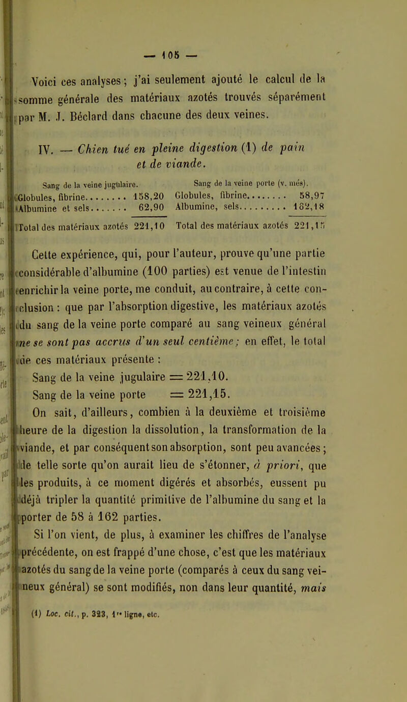 Voici ces analyses ; j'ai seulement ajouté le calcul de la Issomme générale des matériaux azotés trouvés séparément jppar M. .1. Béclard dans chacune des deux veines. IV. — Chien tué en pleine digestion (1) de pain et de viande. Sang de la veine jugulaire. Sang de la veine porle (v. niés). IcGlobules, fibrine 158,20 Globules, fibrine 58,97 luibumine et sels 62,90 Albumine, sels 132,18 ITTotal des matériaux azotés 221,10 Total des matériaux azotés 221 ,tri Celte expérience, qui, pour l'auteur, prouve qu'une partie Icconsidérable d'albumine (100 parties) est venue de l'intestin leenrichirla veine porte, me conduit, au contraire, à cette con- Icclusion: que par l'absorption digestive, les matériaux azotés |ddu sang de la veine porte comparé au sang veineux général le se sont pas accrus d'un seul centième; en effet, le total lude ces matériaux présente : Sang de la veine jugulaire =221,10, Sang de la veine porte = 221,15. On sait, d'ailleurs, combien à la deuxième et troisième leure de la digestion la dissolution, la transformation de la ?iande, et par conséquent son absorption, sont peu avancées; kle telle sorte qu'on aurait lieu de s'étonner, à priori, que iJes produits, à ce moment digérés et absorbés, eussent pu iéjà tripler la quantité primitive de l'albumine du sang et la jpporter de 58 à 162 parties. Si l'on vient, de plus, à examiner les chiffres de l'analyse )récédente, on est frappé d'une chose, c'est que les matériaux kazotés du sang de la veine porte (comparés à ceux du sang vei- pneux général) se sont modifiés, non dans leur quantité, mais (i) toc, cit.,f. 323, 1 ligne, elc.