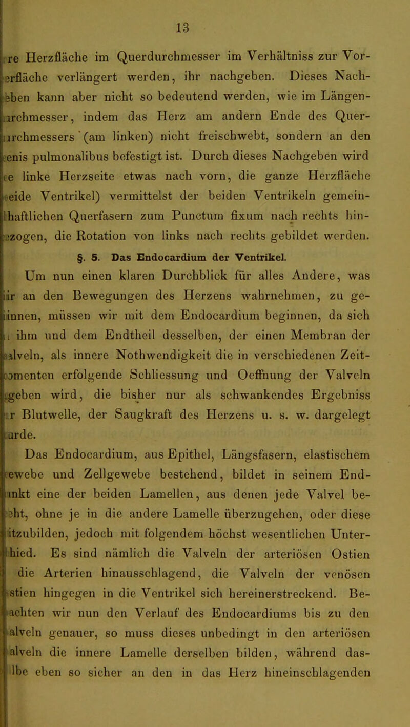 !- 1 re Herzfläche im Querdurchmesser im Verhältniss zur Vor- jlsrfläche verlängert werden, ihr nachgeben. Dieses Nach- eben kann aber nicht so bedeutend werden, wie im Längen- archmesser, indem das Herz am andern Ende des Quer- ;iarchmessers (am linken) nicht freischwebt, sondern an den r enis pulmonalibus befestigt ist. Durch dieses Nachgeben wird (6 linke Herzseite etwas nach vorn, die ganze Herzfläche •eide Ventrikel) vermittelst der beiden Ventrikeln gemein- 1 haftlichen Qiierfasern zum Punctum fixum nach rechts hin- .!zogen, die Rotation von links nach rechts gebildet worden. §. 5. Das Endocardium der Ventrikel. Um nun einen klaren Durchblick für alles Andere, was ir an den Bewegungen des Herzens wahrnehmen, zu ge- innen, müssen wir mit dem Endocardium beginnen, da sich i ihm und dem Endtheil desselben, der einen Membran der lalveln, als innere Nothwendigkeit die in verschiedenen Zeit- ODmenten erfolgende Schliessung imd Oeffhung der Valveln i:geben wird, die bisher nur als schwankendes Ergebniss ir Blutwelle, der Saugkraft des Herzens u. s. w. dargelegt .arde. Das Endocardium, aus Epithel, Längsfasern, elastischem pewebe und Zellgewebe bestehend, bildet in seinem End- ankt eine der beiden Lamellen, aus denen jede Valvel be- !5ht, ohne je in die andere Lamelle überzugehen, oder diese titzubilden, jedoch mit folgendem höchst wesentlichen Unter- »hied. Es sind nämlich die Valveln der arteriösen Ostien die Arterien hinausschlagend, die Valveln der venösen »stien hingegen in die Ventrikel sich hereinerstreckend. Be- achten wir nun den Verlauf des Endocardiums bis zu den iÄlveln genauer, so muss dieses unbedingt in den arteriösen alveln die innere Lamelle derselben bilden, während das- ilbe eben so sicher an den in das Herz hineinschlagenden