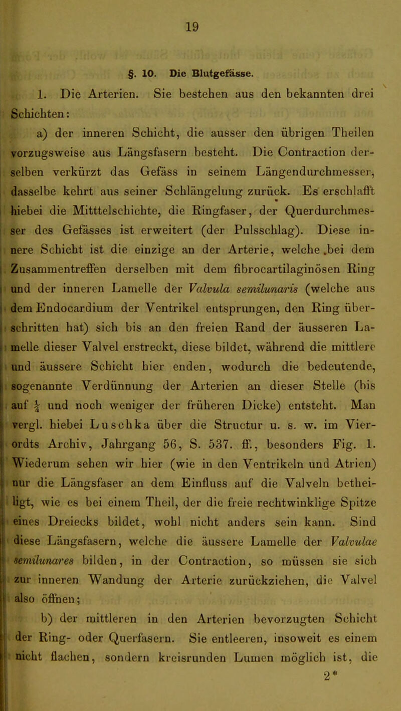 §. 10. Die Blutgefässe. 1. Die Arterien. Sie bestehen aus den bekannten drei Schichten: a) der inneren Schicht, die ausser den übrigen Theilen vorzugsweise aus Längsfasern besteht. Die Contraction der- selben verkürzt das Gefäss in seinem Längendurchmesser, dasselbe kehrt aus seiner Schlängelung zurück. Es erschlafft I hiebei die Mitttelschichte, die Ringfaser, der Querdurchmes- ser des Gefässes ist erweitert (der Pulsschlag). Diese in- nere Schicht ist die einzige an der Arterie, welche .bei dem I Zusammentreffen derselben mit dem fibrocartilaginösen Ring j und der inneren Lamelle der Valvula semilunai'is (welche aus I' dem Endocardium der Ventrikel entsprungen, den Ring über- : schritten hat) sich bis an den freien Rand der äusseren La- •■ melle dieser Valvel erstreckt, diese bildet, während die mittlere i und äussere Schicht hier enden, wodurch die bedeutende, sogenannte Verdünnimg der Arterien an dieser Stelle (bis , auf \ und noch weniger der früheren Dicke) entsteht. Man vergl. hiebei Luschka über die Structur u. s. w. im Vier- ordts Archiv, Jahrgang 56, S. 537. ff., besonders Fig. 1. Wiederum sehen wir hier (wie in den Ventrikeln und Atrien) i nur die Längsfaser an dem Einfluss auf die Valveln bethei- ligt, wie es bei einem Theil, der die freie rechtwinklige Spitze ! eines Dreiecks bildet, wohl nicht anders sein kann. Sind I diese Längsfasern, welche die äussere Lamelle der Valvulae semilunares bilden, in der Contraction, so müssen sie sich f zur inneren Wandung der Arterie zurückziehen, die Valvel ' also öffnen; b) der mittleren in den Arterien bevorzugten Schicht der Ring- oder Querfasern. Sie entleeren, insoweit es einem nicht flachen, sondern kreisrunden Lumen möglich ist, die j 2* i