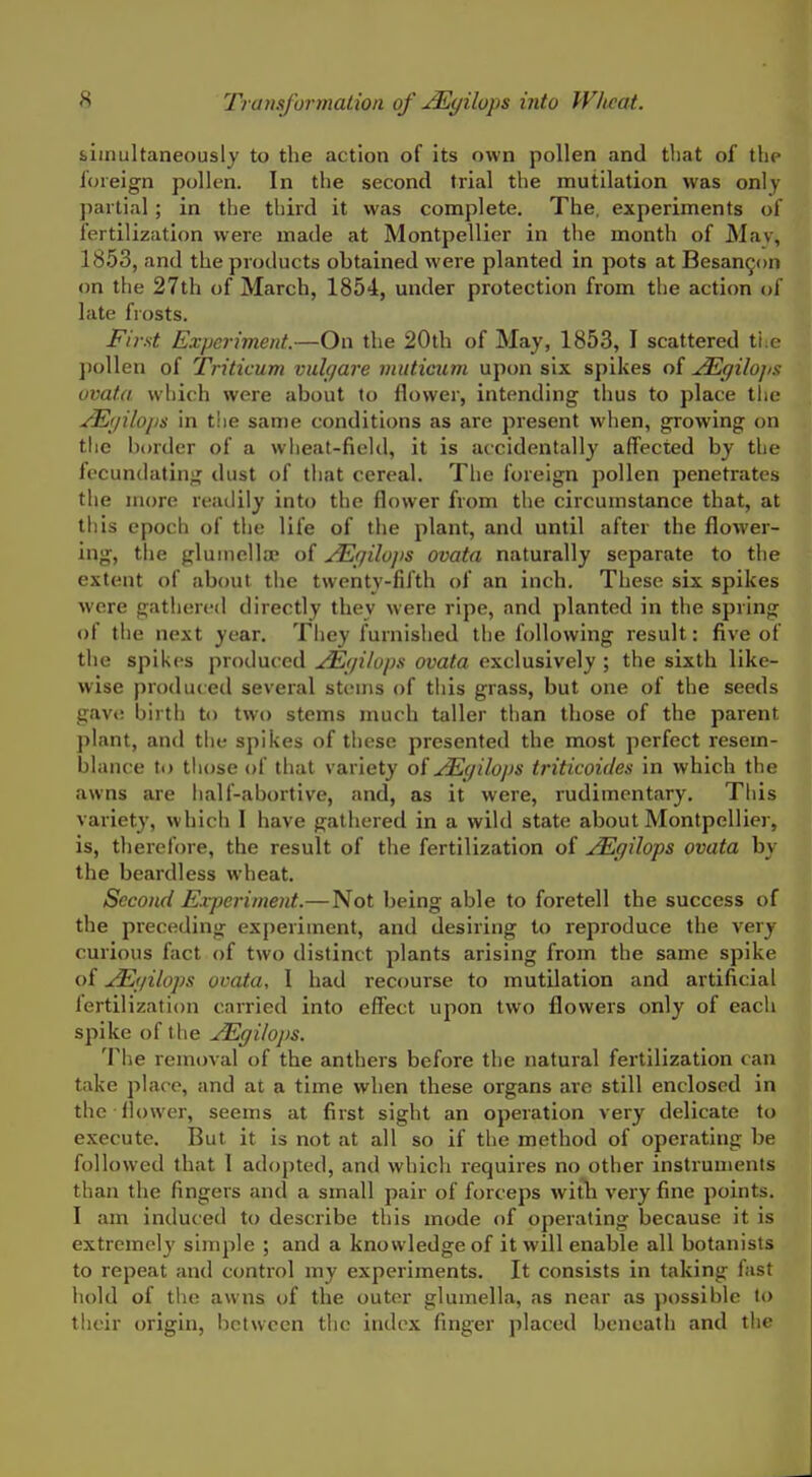 simultaneously to the action of its own pollen and that of the foreign pollen. In the second trial the mutilation was only partial; in the third it was complete. The, experiments of fertilization were made at Montpellier in tlie month of Mav, 1853, and the products obtained were planted in pots at Besangon on the 27th of March, 1854, under protection from the action of late frosts. First Experiment.—On the 20th of May, 1853, I scattered ti:e pollen of Triticum vulgare muticum upon six spikes of u^gilojis uvata which were about to flower, intending thus to place tlie ^[/ilojjs in the same conditions as are present when, growing on the border of a wheat-field, it is accidentally affected by the fecundating dust of tliat cereal. The foreign pollen penetrates the more readily into the flower from the circumstance that, at this epoch of the life of the plant, and until after the flower- ing, the glumcllsp of ^(}ilo})S ovata naturally separate to the extent of about the twenty-fifth of an inch. These six spikes were gathered directly they were ripe, and planted in the spring of the next year. They furnished the following result: five of the spikes produced jiEgilvps ovata exclusively ; the sixth like- wise produced several stems of this grass, but one of the seeds gav(! birtl) to two stems much taller than those of the parent plant, and the spikes of these presented the most perfect resem- blance to those of that variety of j^lyilops triticoides in which the awns are half-abortive, and, as it were, rudimentary. This variety, which I have gathered in a wild state about Montpelliej-, is, therefore, the result of the fertilization of j^gilops ovata by the beardless wheat. Second Experiment.— Not being able to foretell the success of the preceding experiment, and desiring to reproduce the very curious fact of two distinct plants arising from the same spike of ^i/ilops ovata, 1 had recourse to mutilation and artificial fertilization carried into effect upon two flowers only of each spike of the JEgilops. The removal of the anthers before the natural fertilization can take place, and at a time when these organs are still enclosed in the flower, seems at first sight an operation very delicate to execute. But it is not at all so if the method of operating be followed that 1 adopted, and which requires no other instruments than the fingers ancl a small pair of forceps witli very fine points. I am induced to describe this mode <if operating because it is extremely simple ; and a knowledge of it will enable all botanists to repeat and control my experiments. It consists in taking fast hold of the awns of the outer glumella, as near as possible to their origin, between the index finger placed beneath and the