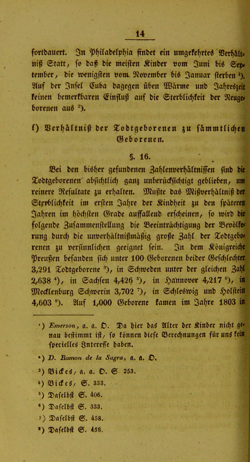 fortbaucrt. 3n ^^ifabefplji'a ftnbct ein umgefc^rted 95erf)Wt» itiß <Btatt, fo baf bie mciflcn Ätnbcr öom Sunt iii <Btp* temhet, bic wcnigflen »um. 9Jotocm6er hii Sanuar (lerben 0. Sluf ber Snfef $ii6a bagcgen üben 9ßärmc unb Sa^reöjcU feinen bcmerfbarcn Einfluß anf bie ©terblicfjfeit ber Steuge» borenen aud ^. f) Bcr^aftnif ber Siobtgeborenen ju f&mmtridjeti ©eborencu. §. 16. IBei ben biö[)cr gefunbenen 3fll)rcnöer^äftniffen finb bie Stobtgeborenen abfirfjtlicf) ganj unbmicfjT(f)tigt gebHeben, um reinere SHefuftatc ju er{)aften. üKu^itc baö SWi^öer^äftniß bet ©tf*bricf)feit im crflcn 3af)re ber Äinb^eit ju ben fpätere« 3al)rf f)öcf)(len ®rabe auffattenb erfrf)eincn, fo wirb bie folgcube 3fa»n»nfnfleKung bic a3ecintracf)tigung ber S3eüö[fe* rung burc^ bic wi»er^äftnißmäßig große 3a^f ber Silobtgebix rcnen ju »erjlnnlic^en geeignet fein. 3n bem Königreiche Greußen befanbcn ficf) nnter 100 ©eborcncn beiber ©cfc^redftet 3,291 $tobtgcborcne 0, in (5cf)njeben unter ber gfeicf)en 3«^^ 2/638 *), in ea(f)fcn 4,426 0^ in ^anno»er 4,217'^), iit SKccffcnburg ©c^werin 3,702 ^, in ©djlc^wig unb ^orpeiit 4,603 ^. 2tuf 1,000 ©cborene famen im 3af)re 1803 in ■) Emerson, fl. «. f), S)rt ^)ter irtÖ Slftct bcf Ättttet ntd)t 9<« nou bciltmmt tfl, fo fönnen Hefe Scrcdjnungcn für mi fei« fpccielle« Sntcrcff« l&rtbcn. •) X>. Bamon de la Sagra, rt. fl. O. ') f&idtS/ rt. Ä. O. © 253. ♦) SSirfcÖ, ®. 333. 3)rtf«Ib(i @. 406. «) S)«fclbfl ®. 333. 0 Safelbtl ©. 458. ») JCflftlbfl 0. 458.