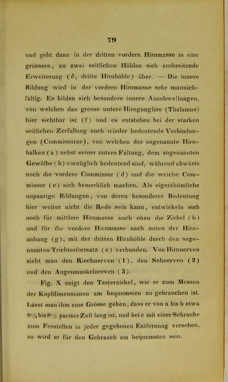 und geht dann in der dritten vordem Hirnmasse in eine grössere, zu zwei seitlichen Höhlen sich ausbreitende Erweiterung (J, dritte Hirnhöhle) über. — Die innere Bildung wird in der vordem Hirnmasse sehr mannich- faltig. Es bilden sich besondere iiuiere Anschwellungen, von welchen das grosse untere Hirnganglion (Thalamus) hier sichtbar ist (f) und es entstehen bei der starken seitlichen Zerfallung auch wieder bedeutende Verbindun- gen (Commissurae), von welchen der sogenannte Hiru- balken (a) nebst seiner untern Faltung, dem sogenannten Gewölbe ( b) vorzüglich bedeutend sind, während abwärts noch die vordere Commissur (d) und die weiche Com- missur (c) sich bemerklich machen. Als eigenthümliche unpaarige Bildungen, von deren besonderer Bedeutung hier weiter nicht die Rede sein kann, entwickeln sich noch für mittlere Hirnmasse nach oben die Zirbel (hl und für die vordere Hirnmasse nach unten der Hirn- anhang (g), mit der dritten Hirnhöhle durch den soge- nannten Trichterfortsatz (e) verbunden. Von Hirnnerven sieht man den Riechnerven (1), den Sehnerven (2) und den Augenmuskelnerven C3). Fig. X zeigt den Taslerzirkel, wie er zum Glessen der Kopfdimensionen am bequemsten zu gebrauchen ist. Lässt man ihm eine Grösse geben, dass er von a bis b etwa 874bis8V2 pariserZoll lang ist, und beic mit einer Schraube zum Fesslellen in jeder gegebeneu Entfernung versehen, so wird er für den Gebrauch am bequemsten sein.