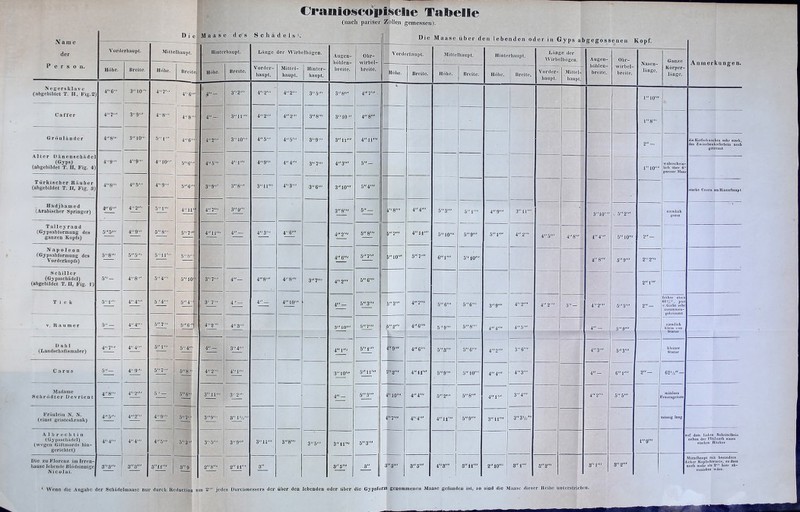 CraiiiO!§coiii!selie Tabelle (nach pariser Zollen gemessen). Name der Person. Di e Maase des Schädels'. 1 Die Maase über den lebenden oder in Gyps a jgegossenen Kopf. All merkungen. Vorderhaupt. Mittelhaupt. Hiutei'haupt. liiinge der Wirbelbögen. Augen- höhlen- breite. Ohr- wirbel- breite. 1 Vorderliaupt. Mittelhaupt. Hinterhaupt. Länge der >Virbelbögeii. Augen- liöfiieu- breite. Ohr- wirbel- breite. Nasen- länge. Körper- länge. Höhe. Breite. Hohe. Breite, Höhe. Breite. Vorder- haupt. Mittei- liaupt. Hiuter- hairpt. Höiie. Breite. Höhe. Breite. Höhe. j Breite. Vorder- haupt. Mittel- haupt. Kegersklave (abgebildet T. II, Fig.2) 46' 3 10 47' 1 46- 4 — 32' 4 2' 42' 3ö' 3 8' 4 7' . 110' 18' Gaffer 4 7' 3 9' 4 8' 48' 4 — 311' 42' 4 2' 3 8' 310 4 8' - Grciuläudcr 48' 3 10' ör 46' 42' 3 10'-' 4 5' 45' 39' 3U' 4U' 2 — 110' die Kiefcrknoclioii sehr stark, das Zwischenkioferbcia noch getrcuut Alter Oänenschädel (abgebildet T. II, Fig. 4) 4S)' 49' 4 10' ö6' 4 5' 4..I.'. 49' 4 4' 3.,;,,, 4 3' 5- - wahrschoin' lieh aber 6' pariser Maas Türkischer Räuber (abgebildet T. II, Fig. 3) 4 8' 4 6' i5' 4 9' i 56' 39' 38' 311' 43' 3 6' 3 10' 5 4' ^ starke Cristn am Iliutorhaupt Hadjbamed {Arabischer Springer) 42' 5V 4 11 5 7' 1 4 7f 39' 38' 5 — t8' 4 4' 53' öl' 4 9' 3 11' 310' - 52' 3 10' ziuintich gross Tallejrand (Gjpsabfurmung des ganzen Kopfs) 55' 49' 5 '8' 411' 4 — 4 3' 46' 4 2' 5 8' 7' 4 11' ö10' 5 9' 51' 4 2' 4 5' 4 8' 4 4' 2 — Napoleon fG-jpsabformung des Vorderkopfs) 58' 55' 5 11  5S' i i 4 6' 5 7' 10' 5 7' 61' 5'' 10' 4 8' 5 9' 2 2' Schiller (Gypsschädel) (abgebildet T. II, Fig. 1) 5 — 48 5 4' ö10' 5,. 4... 3 7' 4 — 4 8' 48' 3 7' 4 2' 5 6' 5 3' 2 1' T i e k öl' 44' 4 4' 5 '4' 3, 7,,, 4' — 4- 4 10' 4 — ,3' 47' 56' 56' 3 9' 4 2' 4 2' 5- 4 2' 5 5' 2 — früher eUva 61 Vj, jezl v. Gicht sehr gckriiiiimt V. R a u m e r 5 — 5 7' 56' 48' 4 3' 3 10' 5 7' £ 2' 4 6' 5'9' 58' 4 4' 4 5' 4 — 5 9' ziemlich Stfttur Dahl (Landschaftsmaler) i-T- 51' 54 4 — 34' 41' 5i' 4 9' 4 6' 53' 3 6' 42' 3 6' 4 3' 5 3' kleiner Slalur C a r u 3 5 — 4 9' 57' 5 8' 5 6 42' 41' 310' 511' 3 2' 4 11' 5 9' 5 10' 4 4' 43' 4 — 61' 2 — 62Vj — Madame Schrodter Devrient 4 8' 4 2' 5 ' — 311' 3''2' 4- 53' 4 10' 4 4' 5 2' 5 8' 4 1' 3 4' 4 2' 5 5' niittlcro 'rauengr&sse Fräulein N. N. (einst geisteslirank) 4 5' 42' 1 öT' 53' 39' 3lVs' 4 4 4' 411' 5 9' 3 11' 33V3' mSsstg Inrg .4 1brechtin (Gypsschüricl) (wegen Giftmords hin- gerichtet) ! 4 4' 4-4... 3S- ! 45' 35' 3 9' 311' 38' 35' 3 11' 5 3' 3 'S' 19' uf dem linken Scheitelbeiu neben der iTeilnitlh einen starken Hücker Die zu Florenz im Irren-j hause lebende Birtdsinnige| 33' Nicolai. 1 311' 3 9 28' 2U' 3 3 5' 3 3 5' 4 3' Sll' 1 2 10' 1 31' 32' 31' 3 2' Miltelliaupt mit besonders ickcr Kopfsehwarte, sodass noch mehr als V hier ab- zuziehen wäre.