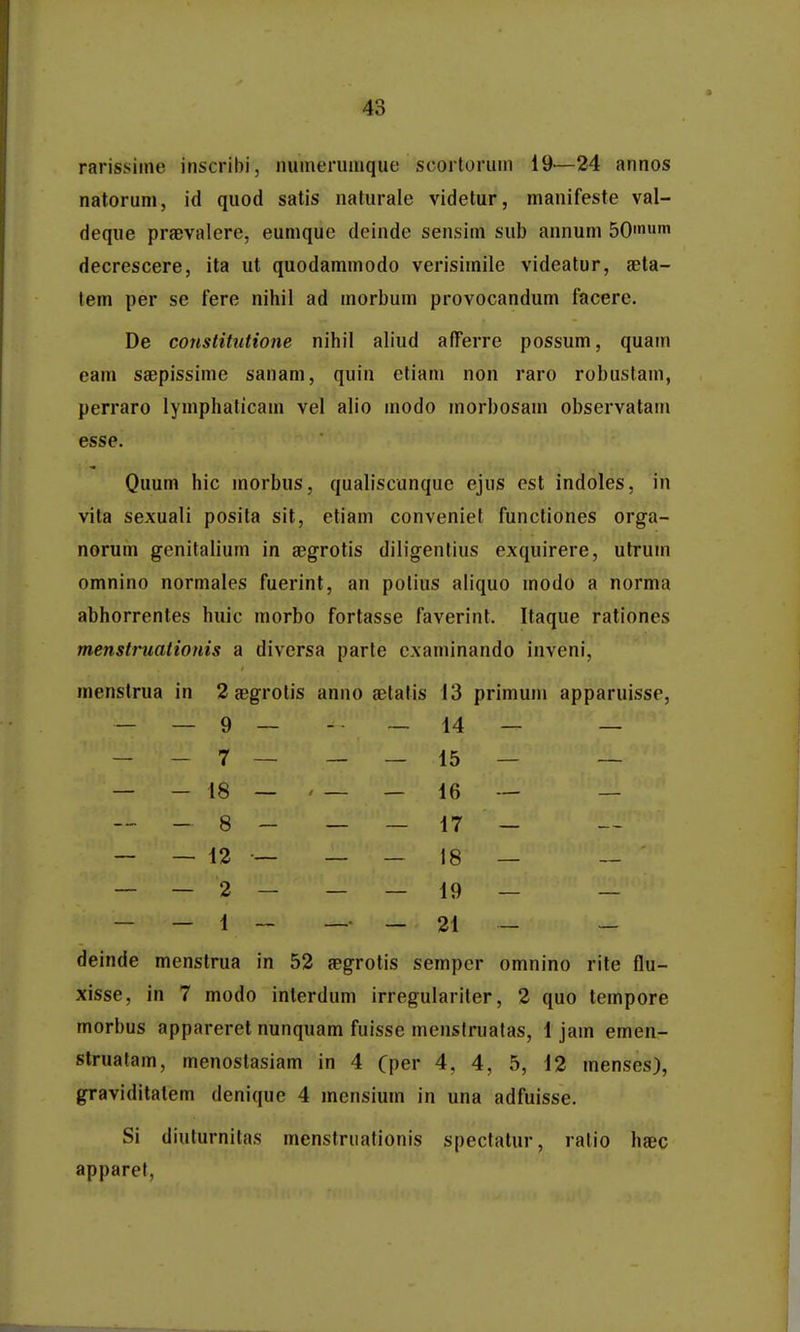 rarissiine inscribi, nuineriiaiquc scorlorum 19—24 annos natoruni, id quod satis naturale videtur, manifeste val- deque praevalere, euniquc dcinde sensiin sub annuni SO decrescere, ita ut quodammodo verisiinile videatur, geta- tem per se fere nihil ad morbuin provocandum facere. De constittitione nihil aliud afferre possum, quam eam saepissime sanam, quin etiam non raro robustain, perraro lymphaticain vel alio modo morbosam observatain esse. Quum hic morbus, qualiscunquc ejus est indoles, in vita sexuali posita sit, etiam conveniet functiones orga- norum genitalium in aegrotis diligentius exquirere, utruin omnino normales fuerint, an polius aliquo modo a norma abhorrentes huic morbo fortasse faverint. Itaque rationes menstrualionis a divcrsa parte e.xaminando inveni, menstrua in 2 asgrotis anno aetatis 13 primuin apparuisse, _ _ 9 _ -. _ 14 _ _ __7_ __i5_ _ _ _ 18 — . _ _ 16 — — - 8 - _ _ 17 - _ _ 12 — _ _ 18 _ — — — 2 - __19_ _ — _ 1 _ _ 21 - - deinde menstrua in 52 aegrotis semper omnino rite flu- xisse, in 7 modo interdum irregulariter, 2 quo tempore morbus appareret nunquam fuisse menstruatas, 1 jain emen- slrualam, menostasiam in 4 Cper 4, 4, 5, 12 menses), graviditatem denique 4 mensium in una adfuisse. Si diulurnitas menstriiafionis speclatur, ralio haec apparet,