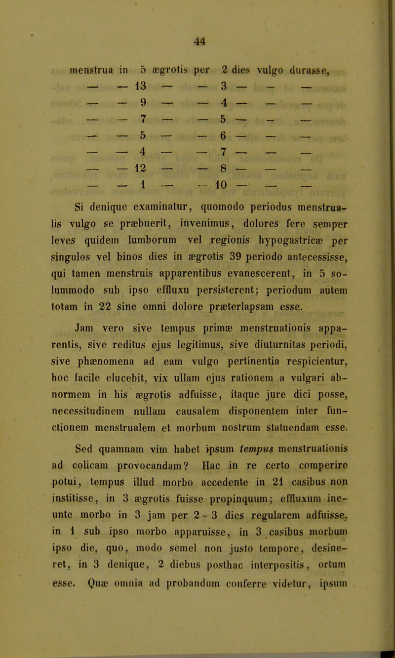 4« menstrua in 5 acgrotis per 2 dies vulgo durasse, — — 13 — - 3 — — — — — 9 — _ 4 _ _ _ 7 _ — 5 — 5 - 6 — _ _ 4 _ — 7 — — — 12 — — 8 — - 10 — Si deniqiie examinatur, quomodo periodus menstrua- iis vulgo se praebuerit, invenimus, dolores fere semper leves quidem lumborum vel regionis hypogastricae per singulos vel binos dies in aegrotis 39 periodo antecessisse, qui tamen menstruis apparentibus evanescerent, in 5 so- lummodo sub ipso effluxu persisterent; periodum autem totam in 22 sine omni dolore praeterlapsam esse. Jam vero sive tempus primae menstruationis appa- rentis, sive reditus ejus legitimus, sive diuturnitas periodi, sive phaenomena ad eam vulgo pertinentia respicientur, hoc facile elucebit, vix uUam ejus rationem a vulgari ab- normem in his aegrotis adfuisse, itaque jure dici posse, necessitudinem nullam causalem disponentem inter fun- ctionem menstrualem et morbum nostrum statuendam esse. Sed quamnam vim habet >psum tempus menstruationis ad colicam provocandam? Hac in re certo coraperire potui, tempus illud morbo accedente iu 21 casibus non institisse, in 3 aegrotis fuisse propinquum; efduxum ine- unte morbo in 3 jam per 2- 3 dics regularem adfuisse. in 1 sub ipso morbo apparuisse, in 3 casibus morbum ipso die, quo, modo semel non justo tempore, desine- ret, in 3 denique, 2 diebus posthac intcrposifis, ortum esse. Qua; omnia ad probandum conferre videtur, ipsum