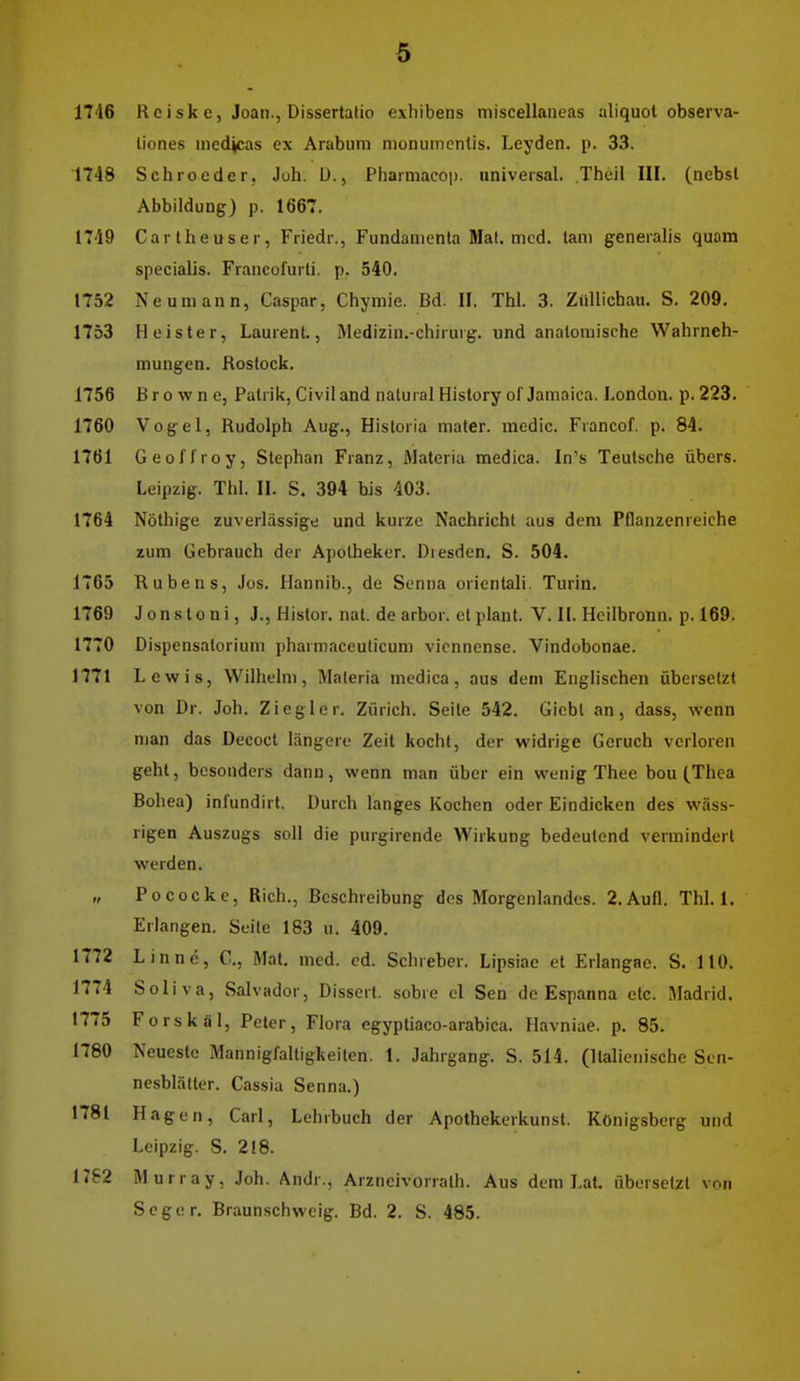 1746 Rciske, Joan., Dissertatio exhibens miscellaneas aliquol observa- liones medicas ex Arabum monumentis. Leyden. p. 33. 1748 Schroeder. Juh. Ü., Phaimacop. universal. Theil III. (nebsl Abbildung) p. 1667. 1749 Cartheuser, Friedr., Fundamenta Mal. med. tani generalis quam specialis. Francofurti. p. 540. 1752 Neuniann, Caspar, Chymie. Bd. II. Tbl. 3. ZüUichau. S. 209, 1753 Heister, Laurent., Medizin.-chirurg. und anatomische Wahrneh- mungen. Rostock. 1756 Browne, Patrik, Civil and natural History ofjamaica. London, p, 223. 1760 Vogel, Rudolph Aug., Historia mater. medic. Francof. p. 84. 1761 GeofJroy, Stephan Franz, Materiu medica. In's Teulsche übers. Leipzig. Thl. II. S. 394 bis 403. 1764 Nöthige zuverlässige und kurze Nachricht aus dem Pflanzenreiche zum Gebrauch der Apotheker. Dresden. S. 504. 1765 Rubens, Jos. Hannib., de Senna orientali. Turin. 1769 J 0 n s 10 n i, J., Histor. nat. de arbor. et plant. V. II. Heilbronn, p. 169. 1770 Dispensatorium pharmaceuticum vicnnense. Vindobonae. 1771 Lewis, Wilhelm, Maleria medica, aus dem Englischen übersetzt von Dr. Joh. Zieglcr. Zürich. Seite 542. Giebt an, dass, wenn man das Decocl längere Zeit kocht, der widrige Geruch verloren geht, besonders dann, wenn man über ein wenig Thee bou (Thea Bohea) infundirt. Durch langes Kochen oder Eindicken des wäss- rigen Auszugs soll die purgirende Wirkung bedeutend vermindert werden. „ Pococke, Rieh., Beschreibung dos Morgenlandes. 2.Aufl. Thl. 1. Erlangen. Seile 183 u. 409. 1772 Linne, C, Mat. med. cd. Schreber. Lipsiae et Erlangae. S. 110. 1774 Soliva, Salvador, Dissert. sobre cl Sen de Espanna etc. Madrid. 1775 Forskäl, Peter, Flora egyptiaco-arabica. Havniae. p. 85. 1780 Neueste Mannigfaltigkeiten. 1. Jahrgang. S. 514. (Italicnische Scn- nesblälter. Cassia Senna.) 1781 Hagen, Carl, Lehrbuch der Apolhekerkunst. Königsberg und Leipzig. S. 218. 17S2 Murray, Joh. Andr., Arzneivorrath. Aus dem Lat. übersetzt von Seger. Braunschweig. Bd. 2. S. 485.