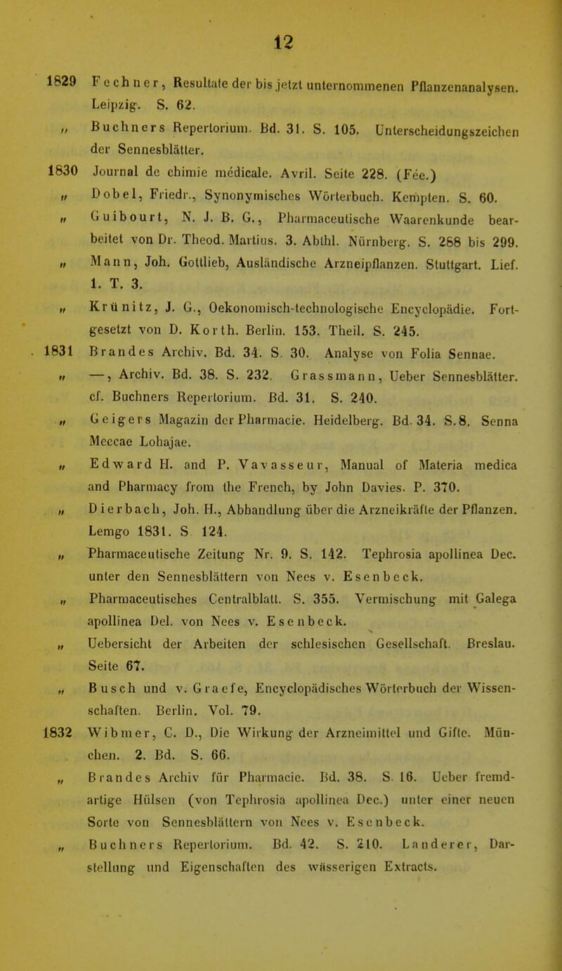 1829 F e ch n e r, ResuUale der bis jetzt unternommenen Pflanzenanalysen. Leipzig. S. 62. „ Buchners Reperlorium. Bd. 31. S. 105. Unterscheidungszeichen der Sennesblätter. 1830 Journal de chimie medicale. Avril. Seite 228. (Fee.) „ Dobel, Friedr., Synonymisches Wörterbuch. Kempten. S. 60. „ Guibourt, N. J. B. G., Pharniaceutische Waarcnkunde bear- beitet von Dr. Theod. Martius. 3. Ablhl. Nürnberg. S. 288 bis 299. „ Mann, Joh. Goltheb, Ausländische Arzneipflanzen. Stuttgart. Lief. 1. T. 3. „ Krünitz, J. G,, Oekonomisch-technologische Encyclopädie. Fort- gesetzt von D. Korth. Berhn. 153. Theil, S. 245. 1831 Brandes Archiv. Bd. 34. S. 30. Analyse von Folia Sennae. „ —, Archiv. Bd. 38. S. 232. Grass mann, Ueber Sennesblätter. er. Buchners Repertorium. Bd. 31. S. 240. .„ Geigers Magazin der Pharmacie. Heidelberg. Bd. 34. S.S. Senna Meccae Lohajae. „ Edward FL and P. Vavasseur, Manual of Materia medica and Pharmacy froni the French, by John Davies. P. 370. „ Dierbach, Joh. H,, Abhandlung über die Arzneikräfte der Pflanzen. Lemgo 1831. S 124. „ Pharniaceutische Zeitung Nr. 9. S. 142. Tephrosia apollinea Dec. unter den Sennesblältern von Nees v. Esenbeck. „ Pharmaceutisches Centraiblatt. S. 355. Vermischung mit Galega apollinea DeL von Nees v. Esenbeck. „ Uebersicht der Arbeiten der schlesischen Gesellschaft. Breslau. Seite 67. „ Busch und v. Graefe, Encyclopädisches Wörterbuch der Wissen- schaften. Berlin. Vol. 79. 1832 Wibnier, C. D., Die Wirkung der Arzneimittel und Gifte. Mün- chen. 2. Bd. S. 66. „ Brandes Archiv für Pharmacie. Bd. 38. S. 16. Ueber fremd- artige Hülsen (von Tephrosia apollinea Dec.) unter einer neuen Sorte von Sennesblältern von Nees v. Esenbeck. „ Buchners Repertorium. Bd. 42. S. 210. Landerer, Dar- stellung und Eigenschaften des wässerigen Exlracts.