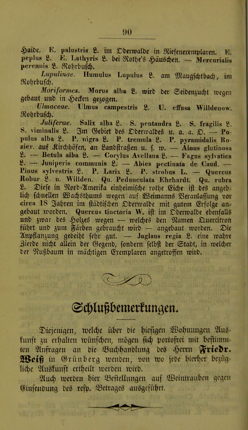 |)aibc. E. palustris ß. im SDberwalbc in 9ticfcne)rcm:|)larcn. K. peplus £. K. Lathyris g. bei diot\)t'$ ^äuödjen. — Mercurialis pereniiis 8. 9f{ol)rbufc(). Lupulinae. Huraulus Lupulus g. am «JKaugfc^tbad), im JRotjrbufct). Moriformes. Morus alba g. wirb bcc ©cibenjuc^t tt)cacn gebaut unb in .^erfen gejogcn. Ulmaceae. Ulmus carapestris g. ü, effiisa Willdeiiow. 9lo^rbufd>. Juliferae. Salix alba g. S. pentandra g. S. fragiiis g. S. vimiiialis g. 3m ®ebiet beS Sberaalbe^ u. a. a. £). — Po- pulus alba g. P. nigra g. P. tremula g. P. pyramidalis Ro zier, auf Äird)i)6'fen, an ganb|lrafen u. f. w. — Alnus glutinosa g. — Betula alba g. — Corylus Avellana g, — Fagus sylvatica g. — Juiüperis communis g. — Abies pectinata de Caud. — Pinus sylvestris g. P, Larix g. P. strobus L. — Quercus Robur g. o. Willdell. Qu. Pedunculata Ehrhardt. Qu. rubra g. ©iefe in 5florb'2(merifa cinl)eimifd)c rott)e (Siebe ijt bc6 angeb- lid) fcbneÜcn S[ßacbatt)umS wegen auf SBeimannä SSeranlaffung üor circa 18 Sa|)ren im jläbtifd)en Sberwalbe mit gutem (Erfolge an= gebaut worben. Quercus tinctoria W. ifl im £)bern)albc ebenfalls unb jwar beö ^oljeS wegen — welcbeä ben Sflamen £luercitron fübrt unb ^um gä'rben gebrauct)t wirb — angebaut worben. Sie 2tn^)flan5ung gebeibt febr gut. — Juglaus regia g. eine wabrc Sterbe nicbt allein bcr (Segenb, fonbern felbjl ber ©tabt, in welcher ber ^f^upbaum in mäd)tigen (Sjremiplaren angetroffen wirb. 2)ieieiügen, trelc^e über bie ^icfigeu $Bof;uungen 3tuö^' fünft ev()altcn tüünf(^cii, m5gcu fi^ portofrei mit bcftintm= tcn 5tnfragen an bic ©u^^anbhutg bcä .^cmi ^ttcdr. S$ct^ in @fünt>erg tucuben, üon tuo jebe f;ier()cr kjüg= li^c 3iu§!uuft crt^eilt tuerben ujirb. 2tuct) tuerbc« lfm ©eftcüungen auf 5Sctutvaubcu gegen ßtnfcnbuug beö ref^. 93etragcö ausgeführt.