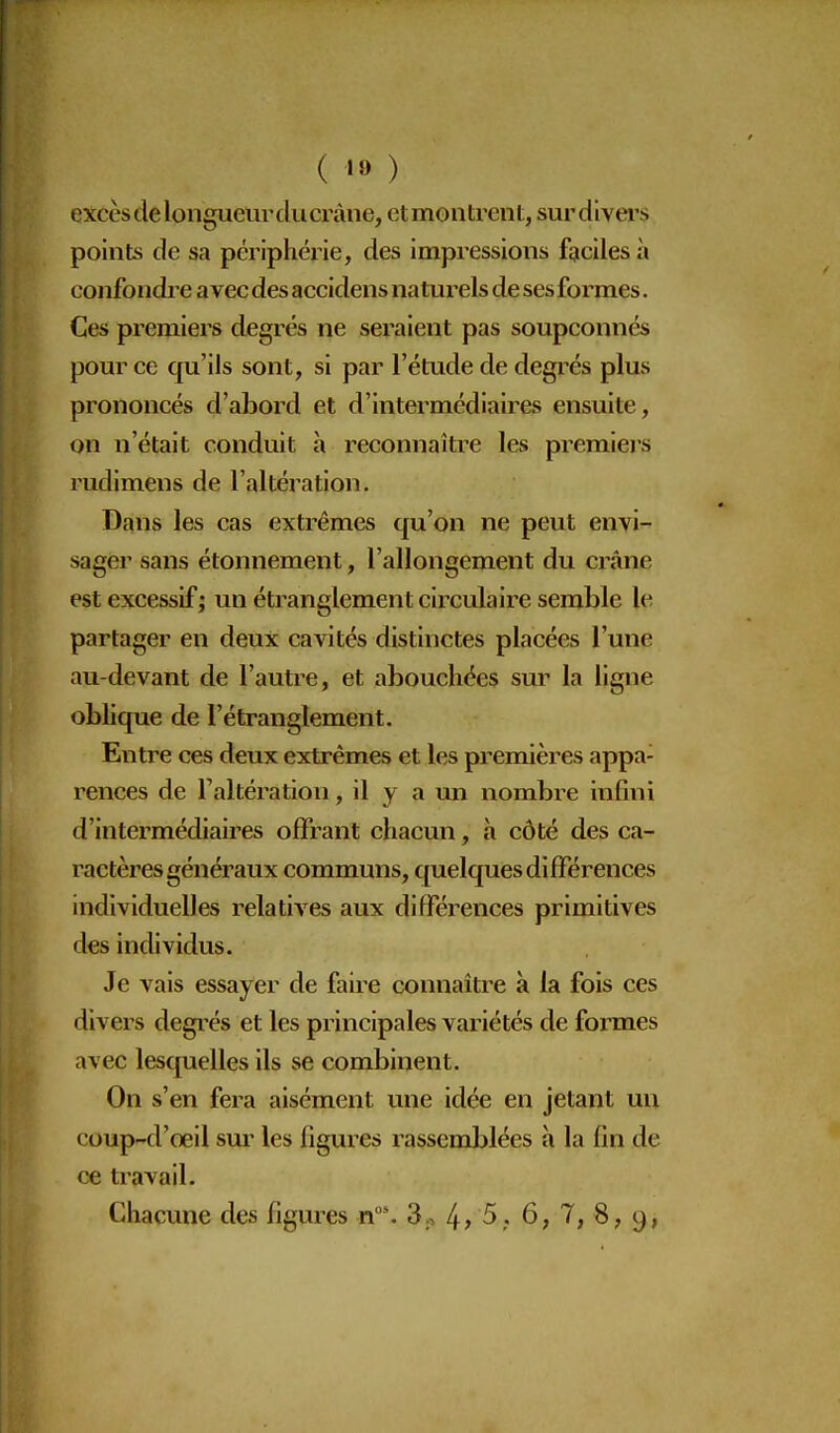( '» ) excès de longueur du crâne, etmontrent, surdlvei's points de sa périphérie, des impressions faciles à confondre avec des accidens naturels de ses formes. Ces premiers degrés ne seraient pas soupçonnés pour ce qu'ils sont, si par l'étude de degrés plus prononcés d'abord et d'intermédiaires ensuite, on n'était conduit à reconnaître les premiers rudimens de l'altération. Dans les cas extrêmes qu'on ne peut envi- sager sans étonnement, l'allongement du crâne est excessif; un étranglement circulaire semble le partager en deux cavités distinctes placées l'une au-devant de l'autre, et abouchées sur la ligne oblique de l'étranglement. Entre ces deux extrêmes et les premières appa- rences de Taltération, il y a un nombre infini d'intermédiaires offrant chacun, à côté des ca- ractères généraux communs, quelques différences individuelles relatives aux différences primitives des individus. Je vais essayer de faire connaître à la fois ces divers degi'és et les principales variétés de formes avec lesquelles ils se combinent. On s'en fera aisément une idée en jetant un coup-d'œil sm^ les figures rassemblées à la fin de ce travail. Chacune des figures n*. 3,. 4> 5. 6, 7, 8, 9,