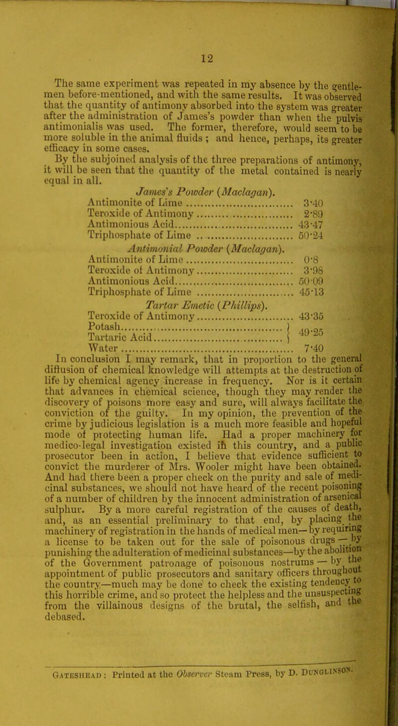 The same experiment was repeated in my absence by the gentle- men before-mentioned, and witli the same results. It was observed that the quantity of antimony absorbed into the system was greater after the administration of James's powder than when the pulvis antimonialis was used. Tlie former, therefore, would seem to be more soluble in the animal fluids ; and hence, perhaps, its greater efficacy in some cases. By the subjoined analysis of the three preparations of antimony, it will be seen that the quantity of the metal contained is nearlv equal in all. James's Powder {Maclagan). Antimonite of Lime 3 •40 Teroxide of Antimony 2*89 Antimonious Acid 43-47 Triphosphate of Lime 50*24 Antimonial Powder {Maclagan), Antimonite of Lime 0*8 Teroxide ot Antimony 3'9S Antimonious Acid 50 09 Triphosphate of Lime 45*13 Tartar Emetic {Phillips). Teroxide of Antimony 4336 Potash ) .„.g- Tartaric Acid 1 ^^ Water 7*40 In conclusion I may remark, that in proportion to the general diffusion of chemical knowledge will attempts at the destruction pf life by chemical agency increase in frequency. Nor is it certain that advances in chemical science, though they may render the discovery of poisons more easy and sure, will always facilitate the conviction of the guilty. In my opinion, the prevention of the crime bj'judicious legislation is a much more feasible and hopeful mode of protecting human life. Had a proper machinery for medico-legal investigation existed ih this country, and a pubhc prosecutor been in action, I believe that evidence sufficient to convict the murderer of Mrs. Wooler might have been obtained. And had there been a proper check on the purity and sale of medi- cinal substances, we should not have heard of the recent poisoning of a number of children by the innocent administration of arsenical sulphur. By a more careful registration of the ciiuses of death, and, as an essential preliminary to that end, by placing the machinery of registration in the hands of medical men—by requiring a license to be taken out for the sale of poisonous drugs -—pi punishing the adulteration of medicinal substances—by the abolition of the Government patronage of poisonous nostrums — by tlie appointment of public prosecutors and sanitary ofllicers througlioui the country—much may be done to check the existing tendency to this horrible crime, andso protect the helpless and the unsuspecting from the villainous designs of the brutal, the selfish, and tne debased. Gateshead : Printed at the Observer Stoani Press, by D. Dunolinsos-