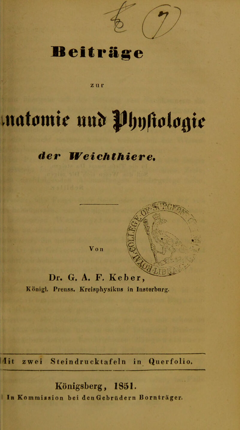 Beiträge z u r tmtomtc mtfc dfer Weichthier e. Königl. Preuss. Kreisphysikus in Insterburg. flit zwei Steindrucktafeln in Querfolio. Königsberg, 1851. In Kommission bei den Gebrüdern Borntruger.