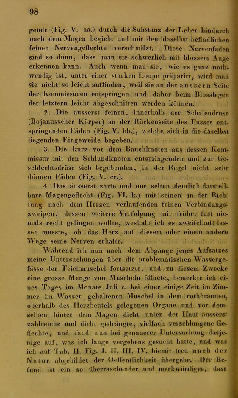 gende (Fig. V. aa.) durch die Substanz der Leber hindurch nach dem Magen begiebt und mit dem daselbst befindlichen feinen Nervengeflechte verschmilzt. Diese Nervenfäden sind so dünn, dass man sie schwerlich mit blossem Auge erkennen kann. Auch wenn man sie, wie es ganz noth- wendig ist, unter einer starken Loupe präparirt, wird man sie nicht so leicht auffinden, weil sie an der äussern Seite der Kommissuren entspringen und daher beim Blosslegen der letztem leicht abgeschnitten Averden können. 2. Die äusserst feinen, innerhalb der Schalendrüse (Bojanusscher Körper) an der Kückenseite des Fusses ent- springenden Faden (Fig. V, bb.), welche sich in die daselbst liegenden Eingeweide begeben. 3. Die kurz vor dem Bauchknoten aus dessen Kom- missur mit den Schlundknoten entspringenden und zur Ge- schlechtsdrüse sich begebenden, in der Kegel nicht sehr dünnen Fäden (Fig. V. cc.). 4. Das äusserst zarte und nur selten deutlich darstell- bare Magengeflecht (Fig. VI. k.) mit seinen in der Kich- tung nach dem Herzen verlaufenden feinen Verbindungs- zweigen, dessen weitere Verfolgung mir früher fast nie- mals recht gelingen wollte, weshalb ich es zweifelhaft las- sen musste, ob das Herz auf diesem oder einem andern Wege seine Nerven erhalte. Während ich nun nach dem Abgänge jenes Aufsatzes meine Untersuchungen über die problematischen Wasserge- fässe der Teichmuschel fortsetzte, und zu diesem Zwecke eine grosse Menge von Muscheln öffnete, bemerkte ich ei- nes Tages im Monate Juli c. bei einer einige Zeit im Zim- mer im Wasser gehaltenen Muschel in dem rothbraunen, oberhalb des Herzbeutels gelegenen Organe und vor dem- selben hinter dem Magen dicht unter der Haut äusserst zahlreiche und dicht gedrängte, vielfach verschlungene Ge- flechte, und fand nun bei genauerer Untersuchung dasje- nige auf, was ich lange vergebens gesucht hatte, und was ich auf Tab, II. Fig. I. II, III* IV. hiemit treu nach der Natur abgehildet der Oeffentlichkeit übergebe. Der Be- fund ist ein so überraschender und merkwürdiger, dass