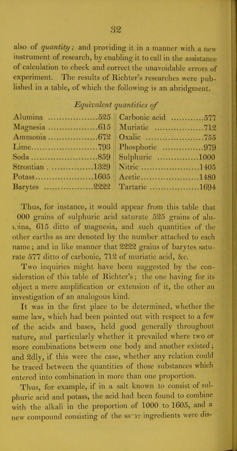 S2 also of quantity/; and pi-oviding it in a manner with a new instrument of research, by enabling it to call in the assistance of calculation to check and correct the unavoidable errors of experiment. The results of Richter's researches were pub- lished in a table, of which the following is an abridgment. Equivalent quantities of Alumina 52,5 Magnesia 615 Ammonia 672 Lime 793 Soda 859 Strontian 1329 Carbonic acid 577 Muriatic 712 Oxalic 755 Phosphoric 979 Sulphuric 1000 Nitric 1405 Potass 1605 I Acetic 1480 Barytes 2222 Tartaric 1694 Thus, for instance, it would appear from this table that 000 grains of sulphuric acid saturate 525 grains of alu- i.iina, 615 ditto of magnesia, and such quantities of the other earths as are denoted by the number attached to each name; and in like manner that 2222 grains of barytes satu- rate 577 ditto of carbonic, 712 of muriatic acid, &c. Two inquiries might have been suggested by the con- sideration of this table of Richter's; the one having for its object a mere amplification or extension of it, the other an investigation of an analogous kind. It was in the first place to be determined, whether the same law, which had been pointed out with respect to a few of the acids and bases, held good generally throughout nature, and particularly whether it prevailed where two or more combinations between one body and another existed; and 2dly, if this were the case, whether any relation could be traced between the quantities of those substances which entered into combination in more than one proportion. Thus, for example, if in a salt known to consist of sul- phuric acid and potass, the acid had been found to combine with the alkali in the proportion of 1000 to 1605, and a new compound consisting of the sane ingredients were dis-
