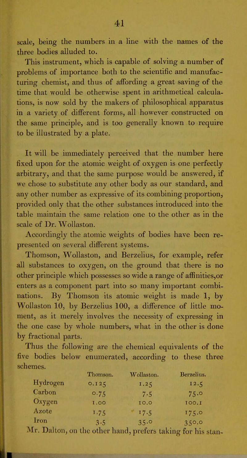 scale, being the numbers in a line with the names of the three bodies alluded to. This instrument, which is capable of solving a number of problems of importance both to the scientific and manufac- turing chemist, and thus of affording a great saving of the time that would be otherwise spent in arithmetical calcula- tions, is now sold by the makers of philosophical apparatus in a variety of different forms, all however constructed on the same principle, and is too generally known to require to be illustrated by a plate. It will be immediately perceived that the number here fixed upon for the atomic weight of oxygen is one perfectly arbitrary, and that the same purpose would be answered, if we chose to substitute any other body as our standard, and any other number as expressive of its combining proportion, provided only that the other substances introduced into the table maintain the same relation one to the other as in the scale of Dr. Wollaston. Accordingly the atomic weights of bodies have been re- presented on sevei'al different systems. Thomson, Wollaston, and Berzelius, for example, refer all substances to oxygen, on the ground that there is no other principle which possesses so wide a range of affinities,or enters as a component part into so many important combi- nations. By Thomson its atomic weight is made 1, by Wollaston 10, by Berzelius 100, a difference of little mo- ment, as it merely involves the necessity of expressing in the one case by whole numbers, what in the other is done by fractional parts. Thus the following are the chemical equivalents of the five bodies below enumerated, according to these three schemes. Thomson. Wollaston. Berzelius. Hydrogen 0.125 1.25 12.5 Carbon 7-5 7S.O Oxj'gen I.OO 10.0 100.1 Azote I-7S 17-5 175-0 Iron 3-5 35-0 350-0 Mr. Dalton, on the other hand, prefers taking for his stan-