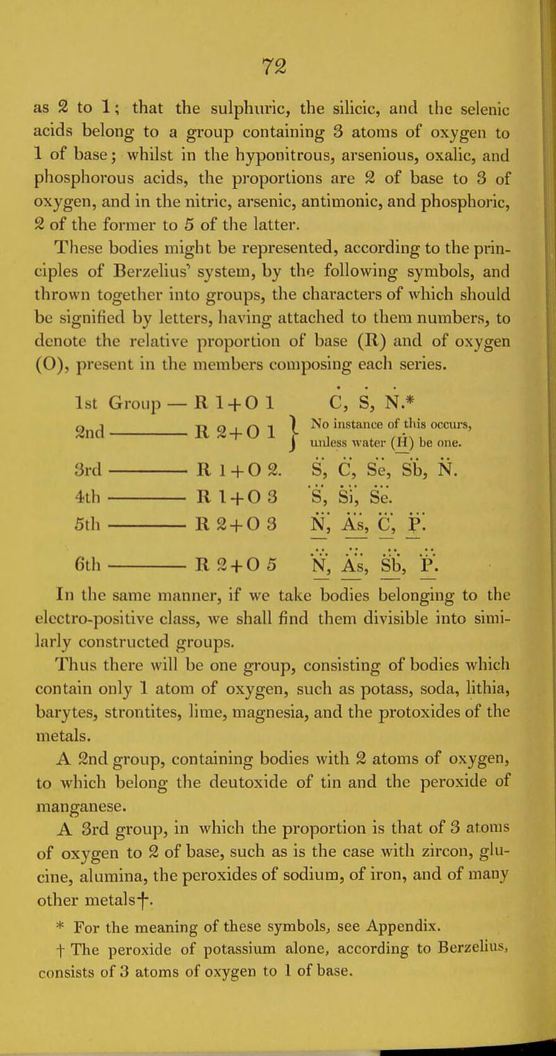 as 2 to 1; that the sulphuric, the silicic, and the selenic acids belong to a group containing 3 atoms of oxygen to 1 of base; whilst in the hyponitrous, arsenious, oxalic, and phosphorous acids, the pi-oportions are 2 of base to 3 of oxygen, and in the nitric, arsenic, antimonic, and phosphoric, 2 of the former to 5 of the latter. These bodies might be represented, according to the prin- ciples of Berzelius' system, by the following symbols, and thrown together into groups, the characters of which should be signified by letters, having attached to them numbers, to denote the relative proportion of base (R) and of oxygen (O), present in the members composing each series. 1st Group — R 1 + 0 1 C, S, N * 2nd R2+01 I No instance of tlus occurs, J unless water (H) be one. 3rd R 1 + O 2. S, C, Se, Sb, N. 4th R 1 + 0 3 S, si Se. 5th R 2 + 0 3 A.S, C, p! 6th R 2 + 0 5 N, As, Sb, P. In the same manner, if we take bodies belonging to the electro-positive class, we shall find them divisible into simi- larly constructed groups. Thus there will be one group, consisting of bodies which contain only 1 atom of oxygen, such as potass, soda, lithia, barytes, strontites, lime, magnesia, and the protoxides of the metals. A 2nd group, containing bodies with 2 atoms of oxygen, to which belong the deutoxide of tin and the peroxide of manganese. A 3rd group, in which the proportion is that of 3 atoms of oxygen to 2 of base, such as is the case with zircon, glu- cine, alumina, the peroxides of sodium, of iron, and of many other metals-}-. * For the meaning of these symbols, see Appendix. t The peroxide of potassium alone, according to Bcrzelius, consists of 3 atoms of oxygen to 1 of base.