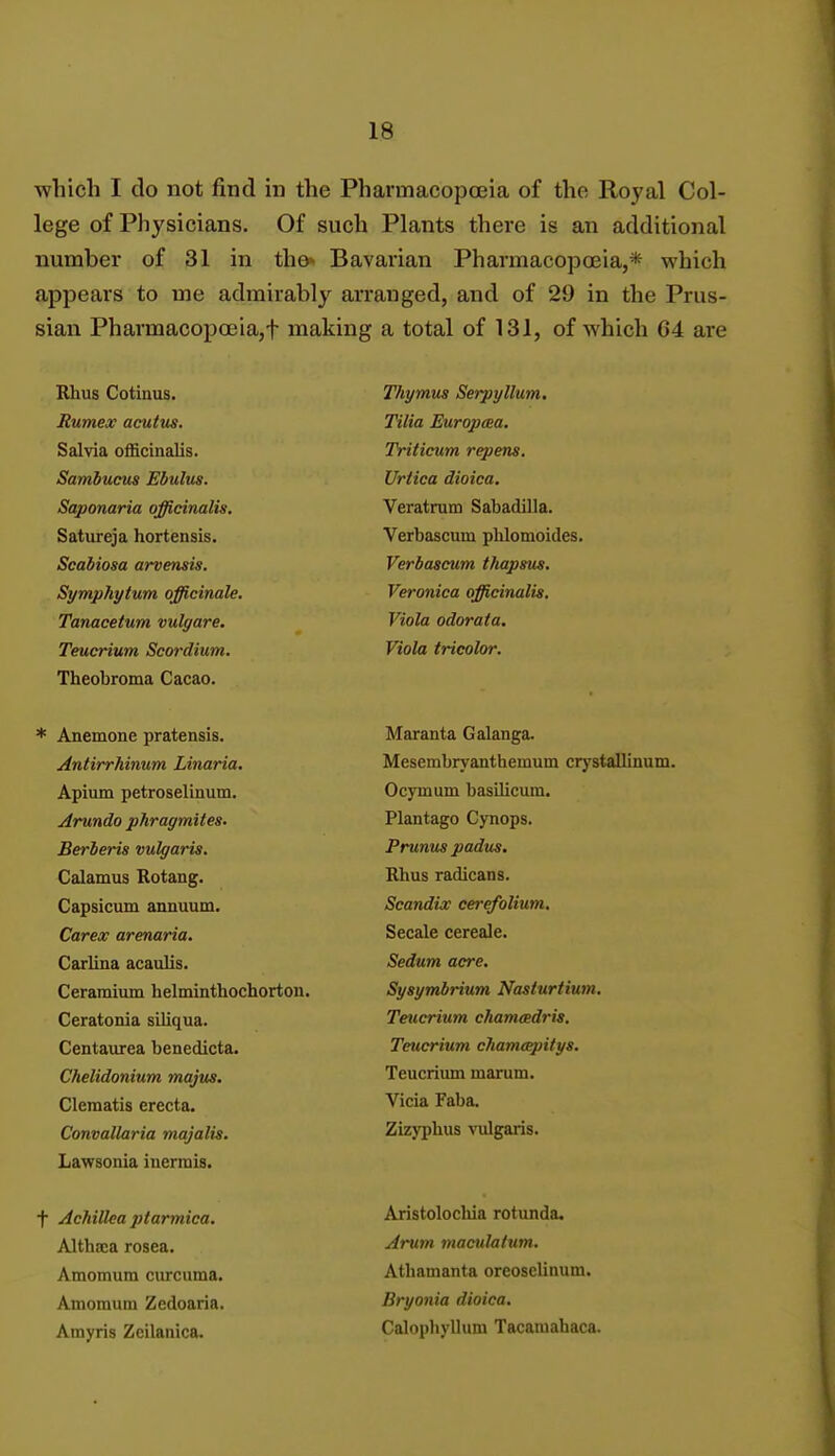 which I do not find in the Pharmacopoeia of the Royal Col- lege of Physicians. Of such Plants there is an additional number of 31 in the* Bavarian Pharmacopoeia,* which appears to me admirably arranged, and of 29 in the Prus- sian Pharmacopoeia,t making a total of 131, of which 64 are Rhus Cotinus. Jtumex acutus. Salvia officinalis. Sambucus Ebulus. Saponaria officinalis. Satureja hortensis. Scabiosa arvensis. Symphytum officinale. Tanacetum vulyare. Teucrium Scordium. Theobroma Cacao. Thymus Serpyllum. Tilia Europaea. Triticum repens. Urtica dioica. Veratrum Sabadilla. Verbascum phlomoides. Verbascum thapsus. Veronica officinalis. Viola odoraia. Viola tricolor. * Anemone pratensis. Antirrhinum Linaria. Apium petroselinum. Arundo phragmiles. Berberis vulgaris. Calamus Rotang. Capsicum annuum. Carex armaria. Carlina acaulis. Ceramium helminthochorton. Ceratonia siliqua. Centaurea benedicta. Chelidonium majus. Clematis erecta. Convallaria majalis. Lawsonia inermis. t Achillea ptarmica. Althaea rosea. Amomum curcuma. Amomum Zedoaria. Amyris Zeilanica. Maranta Galanga. Mesembryanthemum crystallinum. Ocymum basilicum. Plantago Cynops. Prunus padus. Rhus radicans. Scandix cerefolium. Secale cereale. Sedum acre. Sysymbrium Nasturtium. Teucrium chamcedris. Teucrium cham&pitys. Teucrium marum. Vicia Faba. Zizyphus vulgaris. Aristolochia rotunda. Arum maculatum. Athamanta oreoselinum. Bryonia dioica. Calophyllum Tacamahaca.