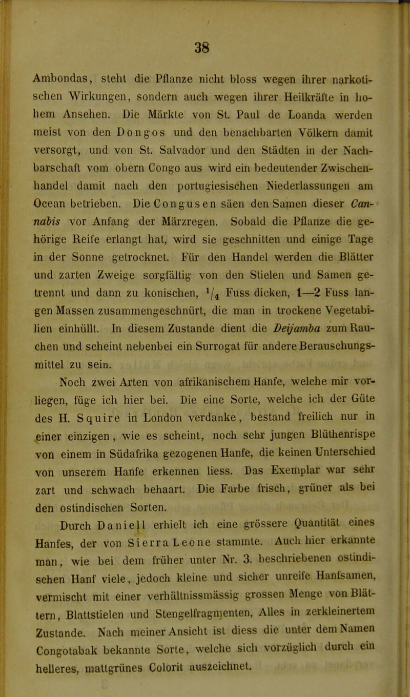 Ambondas, steht die Pflanze nicht bloss wegen ihrer narkoti- schen Wirkungen, sondern auch wegen ihrer Heilkriifle in lio- liem Ansehen. Die Miirkte von St Paul de Loanda werden meisl von den Dongos und den benaclibarlen Volkern damil versorgt, und von St. Salvador und den Stadlen in der Nach- barschail vom obern Congo aus wird ein bedeulender Zwischen- handel damit nach den portugiesischen Niederlassungen am Ocean belrieben. DieCongusen saen den Samen dieser Can- nabis vor Anl'ang der Marzregen. Sobaid die Pflanze die ge- horige Reife erlangt hal, wird sie geschnillen und einige Tage in der Sonne gelrocknel. Fiir den Handel werden die Blatter und zarten Zweige sorgl'tillig von den Slielen und Samen ge- trennt und dann zu konischen, ^/^ Fuss dicken, 1—2 Fuss lan- gen Massen zusammengeschniirt, die man in trockene Vegelabi- lien einhiillt. In diesem Zustande dient die Deijaniba zum Rau- chen und scheint nebenbei ein Surrogat fiir andere Berauschungs- mitlel zu sein. Noch zwei Arten von afrikanischem Hanfe, welche mir vor- liegen, i'vige ich hier bei. Die eine Sorle, welche ich der Giite des H. Squire in London verdanke, bestand freilich nur in einer einzigen, wie es scheint, noch sehr jungen Bluthenrispe von einem in Siidafrika gezogenen Hanfe, die keinen Unlerschied von unserem Hanfe erkennen liess. Das Exemplar war sehr zart und schwach behaart. Die Farbe frisch, griiner als bei den ostindisohen Sorten. Durch Daniell erhielt ich eine grossere Quanlital eines Hanfes, der von Sierra Leone stammte. Auch hier erkannte man, wie bei dem fruher unler Nr. 3. beschriebenen oslindi- schen Hanf viele, jedoch kleine und sicher unreife Hanfsamen, vermischt mit einer verhallnissnuissig grossen Menge von Bliit- tern, Blattstielen und Stengelfragnienten, AUes in zerkleinerlem Zustande. Nach meiner Ansicht ist diess die unter demNamen Congotabak bekannle Sorte, welche sich vorziiglich durch ein helleres, mattgriines Colorit auszeichnel.