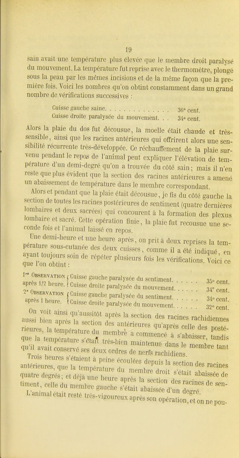 sain avait une température ijlus élevée (jue le membre droit paralysé du mouvement. La température fut reprise avec le thermomètre, plongé sous la peau par les mômes incisions et de la même façon que la pre- mière fois. Voici les nombres qu'on obtint constamment dans un grand nombre de vérifications successives : Cuisse gauche saine 360 cent Cuisse droite paralysée du mouvement. . . 34» cent. Alors la plaie du dos fut décousue, la moelle était chaude et très- sensible, ainsi que les racines antérieures qui offrirent alors une sen- sibilité récurrente très-développée. Ce réchauffement de la plaie sur- venu pendant le repos de l'animal peut expliquer l'élévation de tem- pérature d'un demi-degré qu'on a trouvée du côté sain; mais il n'en reste que plus évident que la section des racines antérieures a amené nn abaissement de température dans le membre correspondant Alors et pendant que la plaie était décousue, je fis du côté gauche la section de toutes les racines postérieures de sentiment (quatre dernières ombau-es et deux sacrées) qui concourent à la formation des plexus lombaire et sacré. Cette opération finie, la plaie fut recousue une se- conde fois et l'animal laissé en repos. Une demi-heure et une heure après, on prit à deux reprises la tem- pérature sous-cutanée des deux cuisses, comme il a ét indiqué en Tronrint ''''''' ^'^^^^ '''' ^ - 1 OBS^avATioN c Cuisse gauche paralysée du sentiment. . 350 cent après 1/2 heure. | Cuisse droite paralysée du mouvement. . . ' ' ' » „  après I heure, kuisse droite paralysée du mouvement 320 ^enl' On voit ainsi qu'anssitôt après la section des racines rachidipn.p= 'lualre degrés; H m «ne heure aprteTatctn de r ■ f ' u™„,, celle du ce^hre ,auc„o s^aU aba X egj