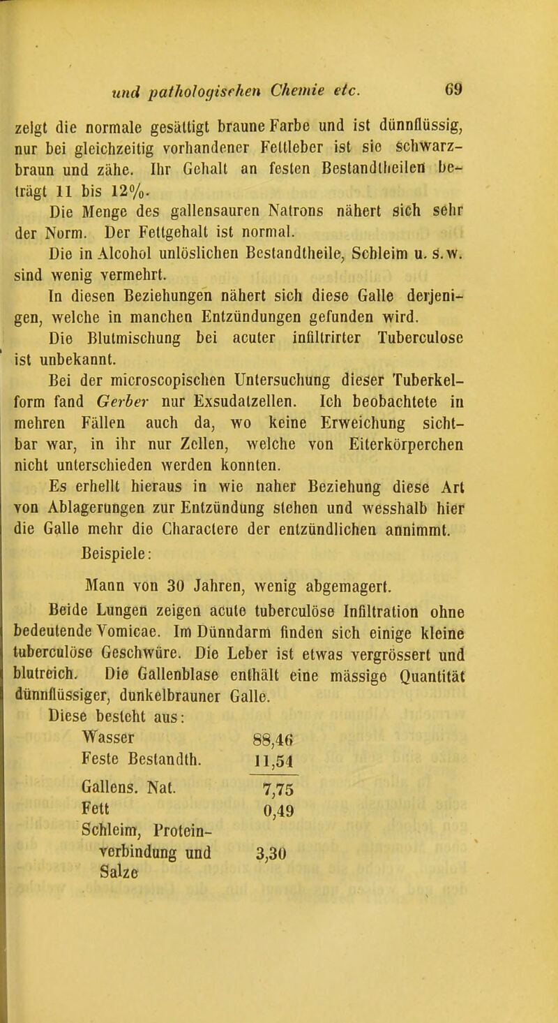 zeigt die normale gesättigt braune Farbe und ist dünnflüssig, nur bei gleichzeitig vorhandener Feltleber ist sie Schwarz- braun und zähe. Ihr Gehalt an festen Bestandliieilen be- trägt 11 bis 12%. Die Menge des gallensauren Natrons nähert sich sehr der Norm. Der Fettgehalt ist normal. Die inAlcohol unlöslichen Bestandlheile, Schleim u. s.w. sind wenig vermehrt. In diesen Beziehungen nähert sich diese Galle derjeni- gen, welche in manchen Entzündungen gefunden wird. Die Blutmischung bei acuter inültrirter Tuberculose ist unbekannt. Bei der microscopischen Untersuchung dieser Tuberkel- form fand Gerber nur Exsudatzellen. Ich beobachtete in mehren Fällen auch da, wo keine Erweichung sicht- bar war, in ihr nur Zellen, welche von Eiterkörperchen nicht unterschieden werden konnten. Es erhellt hieraus in wie naher Beziehung diese Art Yon Ablagerungen zur Entzündung stehen und wesshalb hier die Galle mehr die Charactere der entzündlichen annimmt. Beispiele: Mann von 30 Jahren, wenig abgemagert. Beide Lungen zeigen acute tuberculose Infiltration ohne bedeutende Vomicae. Im Dünndarm finden sich einige kleine tuberculose Geschwüre. Die Leber ist etwas vergrössert und blutreich. Die Gallenblase enthält eine massige Quantität dünnflüssiger, dunkelbrauner Galle. Diese besteht aus: Wasser 88,46 Feste Beslandth. li,54 Gallens. Nat. 7,75 Fett 0,49 Schleim, Protein- verbindung und 3,30 Salze