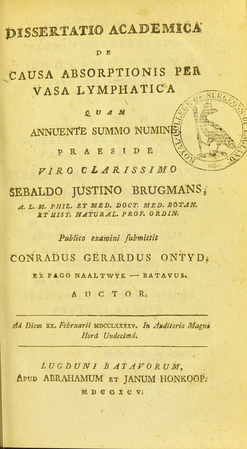 CAUSA ABSORPTIONIS PBR VASA LYMPHATICA ANNUENfE SUMMO NUMINgf , E PRAESIDE ^vjr^fy riRO CLARISSlMO ^^i^ SEBALDO JUSTINO BRUGMANS 3 .rf. £. iU. PHIL. £T MED. DOCT. MED. BOTAN. MTHIST. NATURAL. PROF. ORDIN. Publico examini fubmittit CONRADUS GERARDUS ONTYD; EX PAGO NAALTWYK — BATAVUSn A U C T O R; Ad Diem xx. Febraarii mdcclxxxxv. In Auditorio Magni HorA Undecimd. LUGDUNI B AT AVO RUM, Apud ABRAHAMUM et JANUM HONKQO&