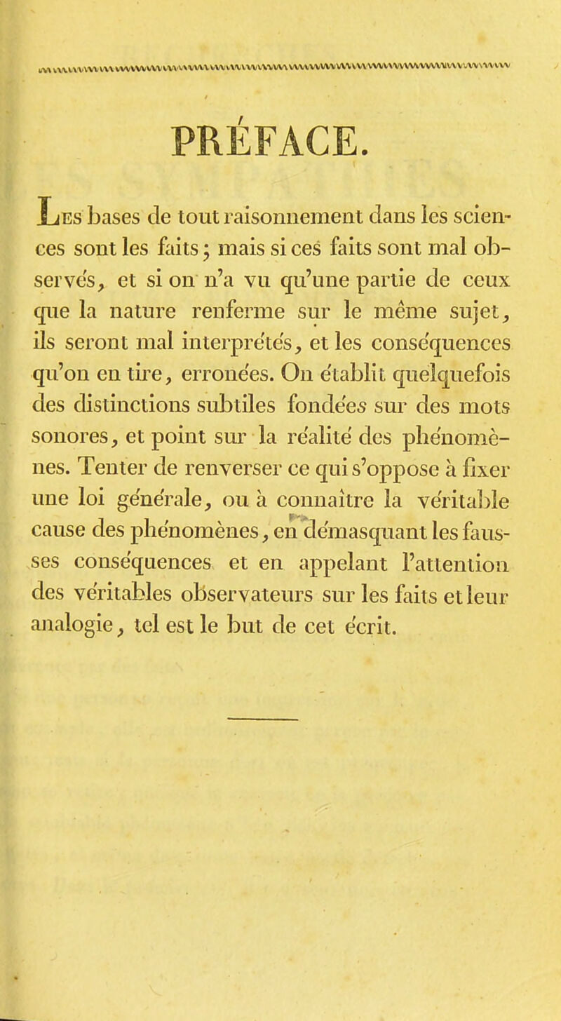 Avvvvvvvvvvvvvvvvvvvv»*vvvvwivviA.vvvv\vvvvvvvvvvvvvvvvM\vv^ Les bases de tout raisonnement dans les scien- ces sont les faits ; mais si ces faits sont mal ob- serves, et si on n'a vu qu'une partie de ceux que la nature renferme sur le même sujet, ils seront mal interpre'tes, et les conséquences qu'on en tire, erronées. On e'tablit quelquefois des distinctions subtiles fondées sur des mots sonores, et point sur la realité des phénomè- nes. Tenter de renverser ce qui s'oppose à fixer une loi générale, ou à connaître la véritable cause des phénomènes, en démasquant les faus- .ses conséquences et en appelant l'attention des véritables observateurs sur les faits et leur analogie, tel est le but de cet écrit.