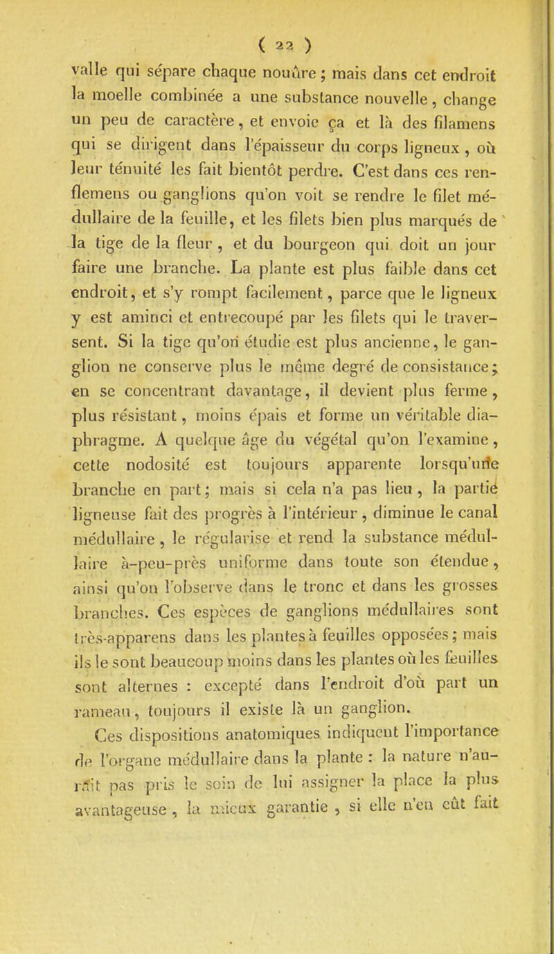 valle qui sépare chaque nouùre ; mais dans cet endroit la moelle combinée a une substance nouvelle, change un peu de caractère, et envoie ça et là des filamens qui se dirigent dans l'épaisseur du corps ligneux , oii leur ténuité les fait bientôt perdre. C'est dans ces ren- fïemens ou ganglions qu'on voit se rendre le filet mé- dullaire de la feuille, et les filets bien plus marqués de la tige de la fleur , et du bourgeon qui doit un jour faire une bi-anche. La plante est plus faible dans cet endroit, et s'y rompt facilement, parce que le ligneux y est aminci et entrecoupé par les filets qui le traver- sent. Si la tige qu'on étudie est plus ancienne, le gan- glion ne conserve plus le même degré de consistance; en se concentrant davantage, il devient plus ferme, plus résistant, moins épais et forme un véritable dia- phragme. A quelque âge du végétal qu'on l'examine, cette nodosité est toujours apparente lorsqu'uiîe branche en part; mais si cela n'a pas lieu, la partié ligneuse fait des progrès à l'intérieur, diminue le canal médullaire, le régularise et rend la substance médul- laire à-peu-près uniforme dans toute son étendue, ainsi qu'où l'observe dans le tronc et dans les grosses branches. Ces espèces de ganglions médullaires sont très-apparens dans les plantes à feuilles opposées ; mais ils le sont beaucoup moins dans les plantes oii les feuilles sont alternes : excepté dans l'endroit d'où part un rameau, toujours il existe là un ganglion. Ces dispositions anatomiques indiquent l'importance de l'organe médullaire dans la plante: la nature n'au- r.Tit pas pris le soin de lui assigner la place la plus avantageuse , la nucux garantie , si elle n'eu eût fait