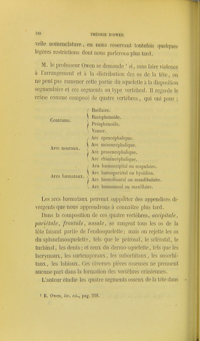 velle nomenclature, en nous réservant toutefois quelques légères restrictions dont nous parlerons plus tard. M. le professeur Owen se demande ' si, sans faire violence à l'arrangement et à la -distribution des os de la tête, on ne peut pas ramener cette partie du squelette à la disposition segmentaire et ces segments au type vertébral. 11 regarde le crâne comme composé de quatre vertèbres, qui ont pour : Basilaire. _ \ Basisphénoïde. Cenirums. < ^ , Présphénoïde. Vomer. / Arc épencéphalique. . \ Arc raésencéphalique. Arcs neuraux. J ^ . ri Arc prosencéplialique. Arc rhinéncéphalique. Aro hœmoccipital ou scapulaire. . , \ Arc hœmopariétal ou liyoïdien. Arcs hœmataux. \ . , : , ,., ■ • 1 Arc naemoironlal ou mandibulaire. V Arc hœmonasal ou maxillaire. Les arcs hsemataux peuvent supporter des appendices di- vergents que nous apprendrons à connaître plus tard. Dans la composition de ces quatre vertèbres, occipitale, pariétale, frontale, nasale, se rangent tous les os de la tête faisant partie de l'endosquelette ; mais on rejette les os du splanchnosquelette, tels que le pétrosal, le sclérotal, le turbinai, les dents ; et ceux du dermo-squelette, tels que les lacrymaux, les surtemporaux, les suborbitaux, les susorbi- taux, les labiaux. Ces diverses pièces osseuses ne prennent aucune part dans la formation des vertèbres crâniennes. L'auteur étudie les quatre segments osseux de la tête dans