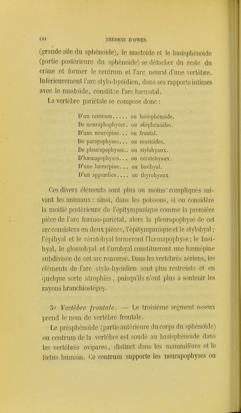 (grande aile du splienoide), le mastoïde et le basisphénoide (pavlie postérieure du spliéno'ide) se détaclier du reste du crâne et former le centrnm et l'arc neural d'une vertèbre. Inférieurement l'arc slylo-liyoidien, dans ses rapports intimes avec le mastoide, constitue l'arc hœmatal. La vertèbre pariétale se compose donc : D'un centruni..... ou basisphénoide. De neuraphopliyses. ou ah'sphénoïdes. D'une neurépine... ou frontal. De parapophyses... ou mastoïdes. De pleurapophyses.. ou stylohyaux. D'haemapophyses... ou cératoliyaux. D'une hsemépine... ou basihyal. D'un appendice ou thyrohyaux. Ces divers éléments sont plus ou moins'compliqués sui- vant les animaux: ainsi, dans les poissons, si on considère la moitié postérieure de l'épitympanique comme la première pièce de l'arc hsemo-pariétal, alors la pleurapophyse de cet arc consistera en deux pièces, l'épitympanique et le stylohyal ; l'épihyal et le cératobyalformeront l'hœmapppbyse; le basi- byal, le glossohyal et Vurobyal constitueront une bœmépine subdivisée de cet arc renversé. Dans les vertébrés aériens, les éléments de l'arc stylo-liyoïdien sont plus restreints et en quelque sorte atrophiés, puisqu'ils n'ont plus à soutenir les rayons branchiostégeç. 5° Vertèbre frontale. — Le troisième segment osseux prend le nom de vertèbre frontale. Le préspbénoïde (partie antérieure du corps du sphénoïde) ou centrum de la vertèbre est soudé au basisphénoide dans les vertébrés ovipares, distinct dans les mammifères et le fœtus humain. Ce centrum supporte les neurapophyses ou