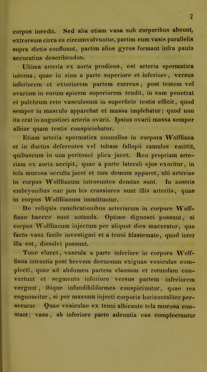 corpus incedit. Sed alla etiam vasa sub corporibus abeunt^ extrorsura circa ea circumvolvuntur, partim cum vasis parallelis supra dictis confluunt, partim alios gyros formant infra paulo accuratius describendos. Ultima arteria ex aorta prodiens, est arteria spermatica iiiterna, quae in sinu a parte superiore et inferiore, versus inferiorem ct exteriorem partem currens, post testem vel ovarium in eorura apicera superiorem tendit, in eara penetrat et pulchrura rete vasculosum in superficie testis efficit, quod semper in masculo apparcbat et massa implebatur; quod non ita erat in angustiori arteria ovarii. Ipsius ovarii massa semper albior quara testis conspiciebatur. Etiara arteria spermatica nonnullos in corpora Wolffiana et in ductus deferentes vel tubam fallopii ramulos emittit, quibuscum in una peritonei plica jacet. Rcn propriam arte- riara ex aorta accipit, quae a parte laterali ejus exoritur, in tela mucosa occulta jacet et tum demum apparet, ubi arteriae in corpus Wolffianum introeuntes demtae sunt. lu nostris embryonibus eae jam bis crassiores sunt illis arteriis, quae in corpus Wolffiianura iraraittuntur. De reliquis ramificationibus arteriarum in corpore Wolf- fiano haecce sunt notanda. Optime dignosci possunt, si corpus Wolffianura injectum per aliquot dies maceratur, quo facto vasa facile investigari et a tenui blasteraate, quod inter illa est, dissolvi possunt. Tuuc elucfit, vascula a parte inferiore in corpora Wolf- fiana intrantia post brevem decursum exiguas vesiculas com- plecti, quae ad abdomen partem clausam et rotundam con- vertunt et segmento inferiore versus partem inferiorera verguut, ibique infundibiliformes conspiciuntur, quae res cognoscitur, si per massam injecti corporis horizontnliter per- secatur. Quae vesiculae ex tenui albicante tela mucosa con- stant : vasa, ab inferioro parte adeuntia eas complectuntur