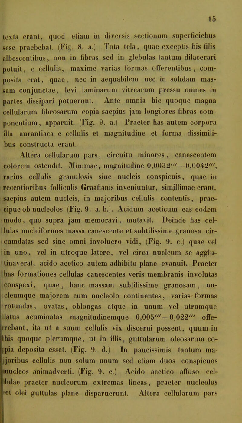 tcxla eranl, quod etiam in diversis seclionum superficiebus scsc praebebal. (Fig. 8. a.) Tola tela, quae exccplis his filis albesccnlibus, non in fibras sed in glebulas lantum dilacerari poluit, e cellulis, maximc varias lormas ofTcrenlibus, com- posila crat, quae, nec in aequabilom nec in solidam mas- sam conjunclae, levi laminarum vitrearum pressu omnes in partes dissipari potuerunl. Ante omnia hic quoque magna cellularum fibrosarum copia sacpius jam longiores fibras com- ponentium, apparuit. (Fig. 9. a.) Praeter has autem corpora illa aurantiaca e cellulis et magniludine et forma dissimili- bus constructa erant. Altcra cellularum pars, circuitu minores , canescentcm colorem ostendit. Minimae, magnitudine 0,0032' '—0,0042', rarius cellulis granulosis sine nucleis conspicuis, quae in recentioribus folliculis Graafianis inveniuntur, simillimac eranl, saepius autcm nucleis, in majoribus cellulis contenlis, prae- cipue ob nucleolos (Fig. 9. a. b.). Acidum aceticum eas eoclem modo, quo supra jam memoravi, mutavit. Deinde has cel- lulas nucleiformes massa canescente et subtilissime granosa cir- I cumdatas sed sine orani involucro vidi, (Fig. 9. c.) quae vel lin uno, vel in utroque latcre, vel circa nucleum se agglu- ! linaverat, acido acetico autem adhibilo plane evanuit. Praeter has formationes cellulas canescentes veris membranis involutas iconspexi, quae, hanc massam subtilissime granosam, nu- cleumque majorem cum nucleolo continentes, varias formas iTOtundas, ovatas, oblongas atque in unum vel ulrumque llatus acuminatas magnitudinemque 0,005'—0,022' offe- rrebant, ita ut a suum cellulis vix discerni possent, quum in bhis quoque plerumque, ul in illis, guttularum oleosarum co- ppia deposita esset. (Fig. 9. d.) In paucissimis tantum ma- ijoribus cellulis non solum unum sed etiam duos conspicuos mucleos animadverti. (Fig. 9. e.) Acido acelico afluso ccl- Jalac praetcr nucleorum extrcmas lineas, praeter nucleolos pel olei guttulas planc disparuerunt. Altera cellularum pars