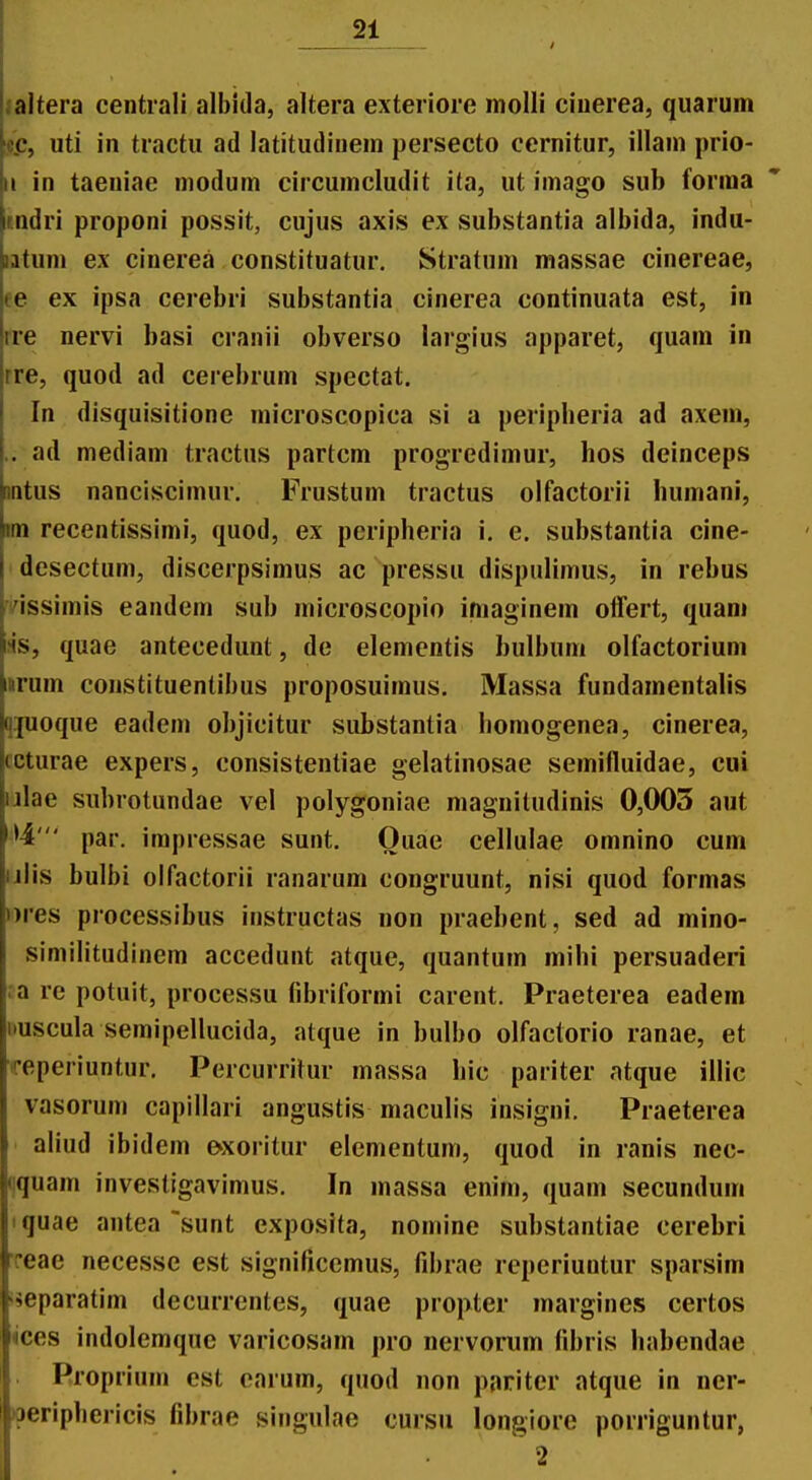 saltera centiali albida, altera exteriore molli ciuerea, quarum ic.c, uti in tractu ad latitudiuem persecto cernitur, illam prio- II in taeniae modum circumcludit ita, ut imago sub forraa rndri proponi possit, cujus axis ex substantia albida, indu- latum ex cinerea constituatur. Stratum massae cinereae, 66 ex ipsa cerebri substantia cinerea continuata est, in rre nervi basi cranii obverso largius apparet, quam in rre, quod ad cerebrum spectat. In disquisitione microscopica si a peripheria ad axem, .. ad mediam tractns partcm progredimur, hos deinceps mtus nanciscimur. Frustum tractus olfactorii humani, im recentissimi, quod, ex peripheria i. e. substantia cine- desectum, discerpsimus ac pressu dispulimus, in rebus vissimis eandem sub microscopio imaginem offert, quam ifis, quae antecedunt, de elementis bulbum olfactorium i»rum constituentibus proposuimus. Massa fundamentalis qjuoque eadem objicitur substantia homogenea, cinerea, ccturae expers, consistentiae gelatinosae semifluidae, cui ulae subrotundae vel polygoniae magnitudinis 0,003 aut >4' par. irapressae sunt. Ouae cellulae omnino cum lilis bulbi olfactorii ranarum congruunt, nisi quod formas nres processibus instructas non praebent, sed ad mino- similitudinem accedunt atque, quantum mihi persuaderi :a re potuit, processu (ibriformi carent. Praeterea eadem Duscula semipellucida, atque in bulbo olfactorio ranae, et feperiuntur. Percurritur massa hic pariter atque illic vasorum capillari angustis maculis insigni. Praeterea aliud ibidem ^xoritur elementum, quod in ranis nec- iiquam investigavimus. In massa enim, quam secundum I quae antea sunt exposita, nomine substantiae cerebri Teae necesse est significemus, fibrae rcperiuntur sparsim i^eparatim decurrcntes, quae propter margines certos ices indolemque varicosam pro nervorum fibris habendae Proprium est carum, quod non paritcr atque in ner- ifieriphericis fibrae singulae cursu longiore porriguntur, 2