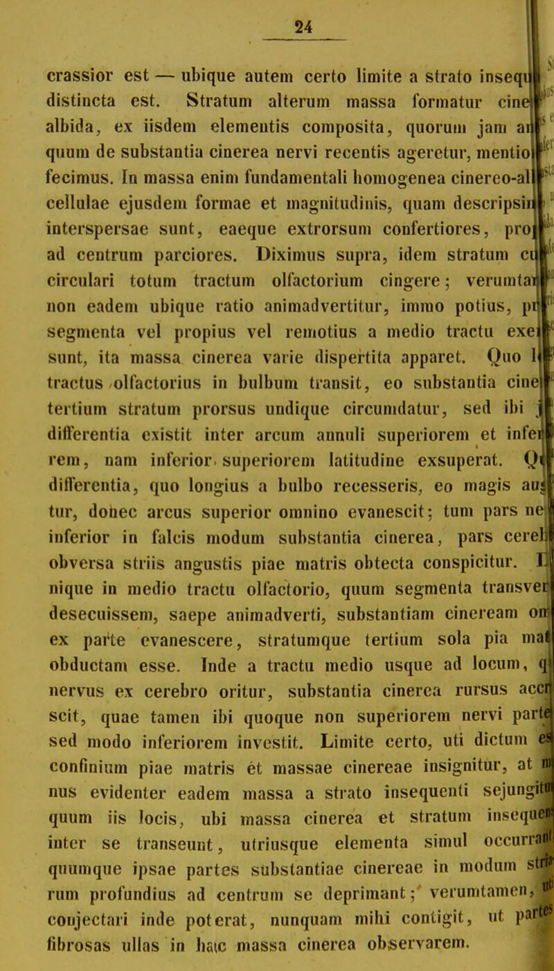 crassior est — ubique autem certo limite a strato inseqi distincta est. Stratum alterum massa formatur cint albida, ex iisdem elemeutis composita, quoruui jam ai quum de substantia cinerea nervi recentis ageretur, mentiol fecimus. In massa enim fundamentali homogenea cinereo-all cellulae ejusdem formae et magnitudinis, quam descripsiii interspersae sunt, eaeque extrorsum confertiores, proj ad centrum parciores. Diximus supra, idem stratum ci circulari totum tractum olfactorium cingere; verumtaij non eadem ubique ratio animadvertitur, immo potius, pi segmenta vel propius vel remotius a medio tractu exej sunt, ita massa cinerea varie dispertita apparet. Ouo 1| tractus olfactorius in bulbum transit, eo substantia cine| tertium stratum prorsus undique circumdatur, sed ibi ditterentia cxistit inter arcum annuli superiorem et infeJ rem, nam inferior. superiorem latitudine exsuperat. Qi dilferentia, quo longius a bulbo recesseris, eo magis au^ tur, dohec arcus superior omnino evanescit; tum pars ne| inferior in falcis modum substantia cinerea, pars cerebl obversa striis angustis piae matris obtecta conspicitur. E nique in medio tractu olfactorio, quum segmenta transver desecuissem, saepe animadverti, substantiam cineream oir ex pai'te cvanescere, stratumque tertium sola pia mat obductam esse. Inde a tractu medio usque ad locum, qi nervus ex cerebro oritur, substantia cinerea rursus acciji scit, quae tamen ibi quoque non superiorem nervi part sed modo inferiorem investit. Limite certo, uti dictiim confiuium piae matris et massae cinereae insignitur, at nus evidenter eadem massa a strato insequenti sejuiigimj quum iis locis, ubi massa cinerea et stratum inseqiieni inter se transeunt, utriusque elementa siinul occurrant quumque ipsae partes substantiae cinereae in modum st^ rum profundius ad centrum se deprimant; verumtamen,^ coiijectari inde poterat, nunquam mihi contigit, ut pa^ fibrosas uUas in hatc massa cinerea obseivarem.