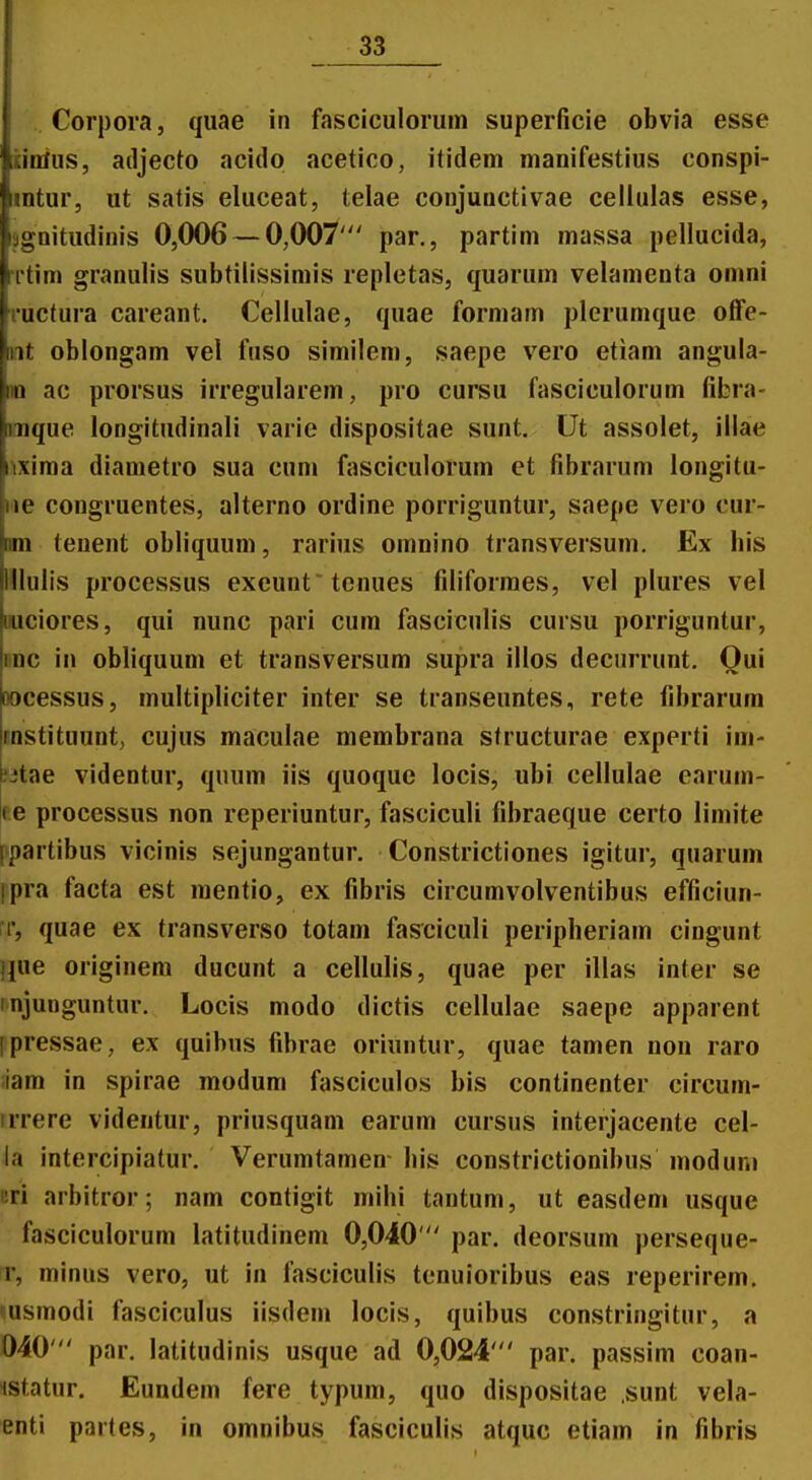 Corpora, quae in fasciculoruin superficie obvia esse iinius, adjecto acido acetico, itidem manifestius conspi- intur, ut satis eluceat, telae conjunctivae celiulas esse, jgnitudinis 0,006 — 0,007' par,, partim massa pellucida, Ttim granulis subtilissimis repletas, quarum velamenta omni ructura careant. Cellulae, quae formam plerumque ofTe- nt oblongam vel fnso similem, saepe vero etiam angula- ■1 ac prorsus irregularem, pro cursu fasciculorum fibra- mque longitudinali varie dispositae sunt. Ut assolet, illae ^xima diametro sua cum fasciculorum et fibrarum longitu- ne congruentes, alterno ordine porriguntur, saepe vero cur- m tenent obliquum, rarius omnino transversum, Ex bis Blulis processus exeunt tcnues filiformes, vel plures vel uuciores, qui nunc pari cum fasciculis cursu porriguntur, Dnc in obliquum et transversum supra illos decurrunt. Qui oocessus, multipliciter inter se transeuntes, rete fibrarum rnstituunt, cujus maculae membrana structurae experti im- Jitae videntur, quum iis quoque locis, ubi cellulae earum- t e processus non reperiuntur, fasciculi fibraeque certo limite fpartibus vicinis sejungantur. Constrictiones igitui, quarum ipra facta est mentio, ex fibris circumvolventibus efficiun- i, quae ex transverso totam fasciculi peripheriam cingunt jjue originem ducunt a cellulis, quae per illas inter se injunguntur. Locis modo dictis cellulae saepe apparent ipressae, ex quibus fibrae oriuntur, quae tamen non raro iam in spirae modum fasciculos bis continenter circum- irrere videntur, priusquam earum cursus interjacente cel- la intercipiatur. Verumtamen- bis constrictionibus moduni nri arbitror; nam contigit mihi tantum, ut easdem usque fasciculorum latitudinem 0,040  par. deorsum perseque- T, minus vero, ut in fasciculis tenuioribus eas reperirem. ^usmodi fasciculus iisdem locis, quibus constringitur, a 040' par. latitudinis usque ad 0,024' par. passim coan- istatur. Eundem fere typum, quo dispositae .sunt vela- enti partes, in omnibus fasciculis atquc etiam in fibris
