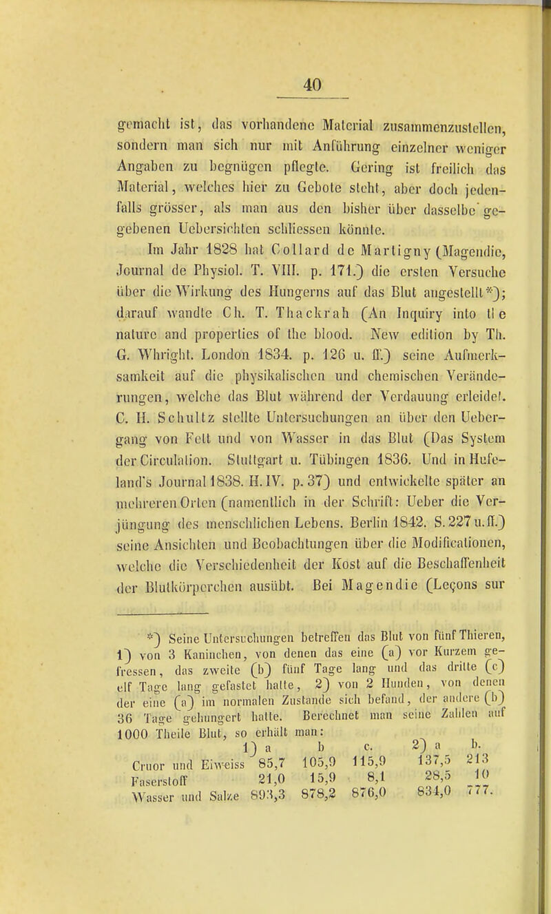 g-omacht ist, das vorhandene Material zusammenzustellen, sondern man sich nur mit Anführung einzelner weniger Angaben zu begnügen pflegte. Gering ist freilich das Material, welches hier zu Gebote steht, aber doch jeden- falls grosser, als man aus den bisher über dasselbe ge- gebenen Uebersiohten schliessen könnte. Im Jahr 1828 hat CoUard de Martigny (Magendic, Journal de Physiol. T. YIII. p. 171.) die ersten Versuche über die Wirkung- des Hungerns auf das Blut angestellt*); darauf wandle Ch. T. Thackrah (An Inquiry into tl e nalurc and properlies of thc blood. New edition by Th. G. Whright. London 1834. p. 126 u. fl;) seine Aufmerk- samkeit auf die physikalischen und chemischen Verände- rungen, welche das Blut während der Verdauung erleidet. C. H. Schultz stellte Untersuchungen an über den Ueber- gang von Fett und von Wasser in das Blut (Das System der Circulalion. Stuttgart u. Tübingen 1836. Und in Hufe- land's Journal 1838. H. IV. p. 37} und entwickelte später an mehreren Orlen (namentlich in der Schrift: Ueber die Ver- jüngung des menschlichen Lebens. Berlin 1842. S. 227 u.U.) seine Ansichten und Beobachtungen über die Modificationen, welche die Verschiedenheit der Kost auf die Beschaffenheit der Blutkörperchen ausübt. Bei Magendic (Legons sur *) Seine Untersucliungeii betreffen das Blut von fünf Thieren, 1) von 3 Kanindien, von denen das eine (a) vor Kurzem £:e- iVessen, das zweite (b) fünf Tage lang und das drille (c) elf Tage lang gefastet halte, 2) von 2 Hunden, von denen der eine (a) im normalen Zustande sich befand, der andere (b) 36 Tage gehungert halte. Berechnet man seine Zahlen auf 1000 Theile Blut, so erhalt man: 1) a b c. 2) a b. Crnor und Eiw^iss 85,7 105,9 115,9 137,5 213 Faserstoff 21,0 15,9 8,1 28,5 _10 Wasser und Salze 893,3 878,2 876,0 834,0 al.