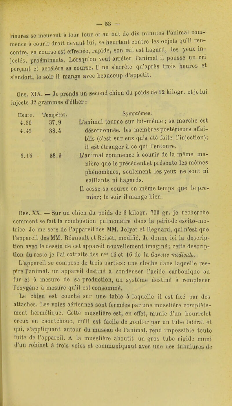 — 58 — rieures se meuvcnl à leur tour ot au but do dix minutos l'animal com- mence à courir droit devant lui, se heurtant contre les objets qu'il ren- contre, sa course est effrénée, rapide, son œil est hagard, les yeux in- jectés, proéminents. Lorsqu'on veut arrêter l'animal il pousse un cri perçant et accélère sa course. Il ne s'arrête qu'après trois heures et s'endort, le soir il mange avec beaucoup d'appétit. Obs. XIX. — Je prends un second chien du poids de 12 kilogr. et je lui injecte M grammes d'éther : Heure. Tempérât. Symptômes, 4.30 37.9 L'animal tourne sur lui-même ; sa marche est 4.45 38.4 désordonnée, les membres postérieurs affai- blis (c'est sur eux qu'a été faite l'injection); il est étranger à ce qui l'entoure. 5.ib 38.9 L'animal commence à courir de la même ma- nière que le précédent et présente les mêmes phénomènes, seulement les yeux ne sont ni saillants ni hagards. U cesse sa course en même temps que le pre- mier; le soir il mange bien. Obs. XX. — Sur un chien du poids de 5 kilogr. 700 gr. je recherche comment se t'ait la combustion pulmonaire dans la période excito-mo- trice. Je me sers de l'appareil des MM. Jolyet et Regnard, qui n'est que l'appareil des MM. Régnault et Reiset, modifié. Je donne ici la descrip- tion avec le dessin de cet appareil nouvellement imaginé ; cette descrip- tion du reste je l'ai extraite des 15 et 16 de la Gazette médicale. L'appareil se compose de trois parties: une cloche dans laquelle res- pire l'animal, un appareil destiné à condenser l'acide carbonique au fur et à mesure de sa production, un système destiné à remplacer l'oxygène à mesure qu'il est consommé. Le chien est couché sur une table à laquelle il est fixé par des attaches. Les voies aériennes sont fermées par une muselière complète- ment hermétique. Cette muselière est, en effet, munie d'un bourrelet creux en caoutchouc, qu'il est facile de gonfler par un tube latéral et qui, s'appliquant autour du museau de l'animal, rend impossible toute fuite de l'appareil. A la muselière aboutit un gros tube rigide muni d'un robinet à trois voies et commuoiquaul avec une des tubulures de