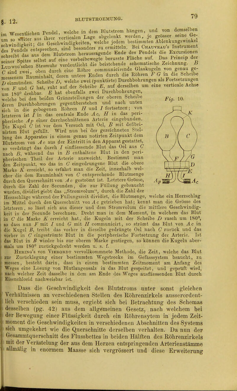 g 12 BLUTSTROEMUNG. WPsenÜichen Pendel, welche in dem Blutstrom hängen, und von demselben im ^'^^«'''7° _ ' rticalen Lage abgelenkt werden, je grösser seine Ge- '^VW die G schw ndiS jedem bestimmten Ablenkungswinkel £TeS nttrechen,  nd besonders zu er,iitteln. Bei Chaüvba«'s Instrument .hr^ht das aus dem Blutstrom herausragende Ende des Pendels die Excursionen ine Spte selbsrauf eine vorbeibewegte berusste Fläche auf Das Princip der SviG-schen Stromuhr verdeutlicht die beistehende schematische Zeichnung. B C sind zwei, oben durch eine Röhre communicirende Glaskugeln von genau ge- rne senen Rauminhalt, deren untere Enden durch die Röhren F ß in die Scheibe S einmünden. Scheibe D, welche zwei (punktirte) Durchbohrungen als Fortsetzungen von Tund G hat, ruht auf der Scheibe E, auf derselben um eine verticale Achse um 180» drehbar. E hat ebenfalls zwei Durchbohrungen, welche bei den beiden Gränzstellungen der oberen Scheibe ^. _ deren Durchbohrungen gegenüberstehen und nach unten sich in die gebogenen Röhren H und I fortsetzen; von PH letzteren ist / in das centrale Ende Ac, H in das peri- pherische Jp einer durchschnittenen Arterie eingebunden. / (] \ Die Kugel C ist vor dem Versuch mit Oel, B mit deßbri- / \ / \ nirtem Blut gefüllt. Wird nun bei der gezeichneten Stel- / \ / \ lung des Apparates in einem genau notirten Zeitpunkt dem I B ]l C \ Blutstrora von c aus der Eintritt in den Apparat gestattet, V l\ I so verdrängt das durch / einfliessende Blut das Oel aus C \ / \ / nach £, während das in B enthaltene Blut in den peri- j—t pherischen Theil der Arterie ausweicht. Bestimmt man \ \ / /G den Zeitpunkt, wo das in C eingedrungene Blut die obere I j P f f Ij) Marke K erreicht, so erfährt man die Zeit, innerhalb wel- ^\\'',' /'e eher die dem Rauminhalt von C entsprechende Blutmenge h)]1(i durch den Querschnitt von Je geströmt ist. Letztere Grösse, Ap'Jj^ilJ K^ggAc durch die Zahl der Secunden, die zur Füllung gebraucht wurden, dividirt giebt das „Stromvolum, durch die Zahl der Herzschläge während der Fullungszeit dividirt, die Blutmenge, welche ein Herzschlag im Mittel durch den Querschnitt von 4 c getrieben hat; kennt man die Grösse des letzteren, so lässt sich aus dieser und dem Stromvolum die mittlere Geschwindig- keit in der Secunde berechnen. Dreht man in dem Moment, in welchem das Blut in C die Marke K erreicht hat, die Kugeln mit der Scheibe D rasch um 180°, so dass nun F mit / und G mit H communicirt, so strömt das Blut von ^ c in die Kugel ß, treibt das vorher in dieselbe gedrängte Oel nach C zurück und das vorher in C eingeströmte Blut in die peripherische Fortsetzung der Arteric. Ist das Blut in B wieder bis zur oberen Marke gestiegen, so können die Kugeln aber- mals um ISO zurückgedreht werden u. s. f. Hering's von Viekordt vervollkommnete Methode, die Zeit, welche das Blut zur ZurUcklegung einer bestimmten Wegstrecke im Gefässsystem braucht, zu messen, besteht darin, dass in einem bestimmten Zeitmoment am Anfang des Weges eine Lösung von Blutlaugensalz in das Blut gespritzt, und geprüft wird, nach welcher Zeit dasselbe in dem am Ende des Weges ausfliessenden Blut durch Eisenchlorid nachweisbar ist. Dass die Geschwindigkeit des Blutstroms unter sonst gleichen Verhältnissen an verschiedenen Stellen des Röhrenzirkels ausserordent- lich verschieden sein muss, ergiebt sich bei Betrachtung des Schemas desselben (pg. 42) aus dem allgemeinen Gesetz, nach welchem bei der Bewegung einer Flüssigkeit durch ein Röhrensytem in jedem Zeit- moment die Geschwindigkeiten in verschiedenen Abschnitten des Systems sich umgekehrt wie die Querschnitte derselben verhalten. Da nun der Gesammtquerschnitt des Flussbettes in beiden Hälften des Röhrenzirkels I mit der Verästelung der aus dem Herzen entspringenden Arterienstämme I alhnälig in enormem Maasse sich vergrössert und diese Erweiterung