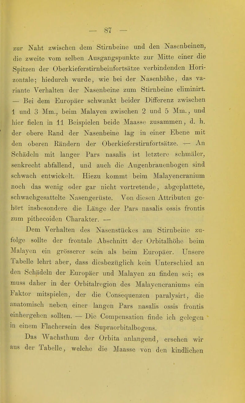 zur Naht zwischen dem Stirnbeine und den Nasenbeinen, die zweite vom selben Ausgangspunkte zur Mitte einer die Spitzen der Oberkieferstirnbeinfortsätze verbindenden Hori- zontale; hiedurch wurde, wie bei der Nasenhöhe, das Va- riante Verhalten der Nasenbeine zum Stirnbeine eliminirt. — Bei dem Europäer schwankt beider Differenz zwischen 1 und 3 Mm., beim Malayen zwischen 2 und 5 Mm., und hier fielen in 11 Beispielen beide Maasse zusammen, d. h. der obere Rand der Nasenbeine lag in einer Ebene mit den oberen Räudern der Oberkieferstirnfortsätze. — An Schädeln mit langer Pars nasalis ist letztere schmäler, senkrecht abfallend, und auch die Augenbrauenbogen sind schwach entwickelt. Hiezu kommt beim Malayencranium noch das wenig oder gar nicht vortretende, abgeplattete, schwachgesattelte Nasengerüste. Von diesen Attributen ge- höi-t insbesondere die Länge der Pars nasalis ossis frontis zum pithecoiden Charakter. — Dem Verhalten des Nasenstückes am Stirnbeine zu- folge sollte der frontale Abschnitt der Orbitalhöhe beim i\lalaycn ein grösserer sein als beim Europäer. Unsere Tabelle lehrt aber, dass diesbezüglich kein Unterschied an den Schädeln der Europäer und Malayen zu finden sei; es muss daher in der Orbitalregion des Malayencraniums ein Faktor mitspielen, der die Consequenzen paralysirt, die anatomisch neben einer langen Pars nasalis ossis frontis einhergehen sollten. — Die Compensation finde ich gelegen m einem Flachersein des Supraorbitalbogens. Das Wachsthum der Orbita anlangend, ersehen wir aus der Tabelle, welche die Maasse von den kindlichen