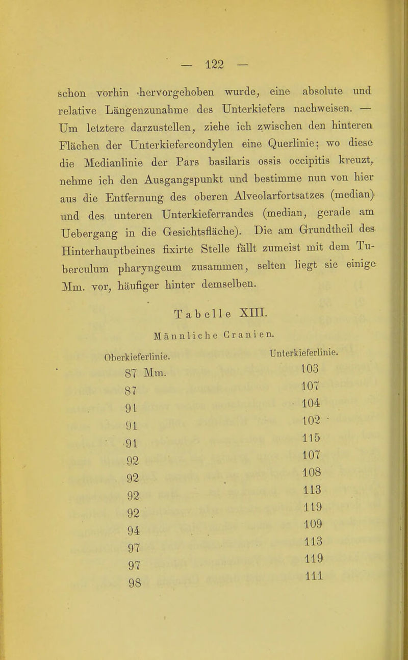 schon vorhin -hervorgehoben wurde, eine absolute und relative Längenzunahme des Unterkiefers nachweisen. — Um letztere darzustellen, ziehe ich zwischen den hinteren Flächen der Unterkiefercondylen eine Querlinie; wo diese die Medianlinie der Pars basilaris ossis occipitis kreuzt, nehme ich den Ausgangspunkt und bestimme nun von hier aus die Entfernung des oberen Alveolarfortsatzes (median) imd des unteren Unterkieferrandes (median, gerade am Uebergang in die Gesichtsfläche). Die am Grundtheil des Hinterhauptbeines fixirte Stelle fällt zumeist mit dem Tu- berculum pharyngeum zusammen, selten liegt sie einige Mm. vor, häufiger hinter demselben. Tabelle XIII. Männliche Cranien. Oberkieferlinie. Unterkieferlinie 87 Mm. 103 ST 107 91 104 91 102 - 9t 115 92 107 92 108 92 113 92 119 94 109 97 113 97 119 98 III
