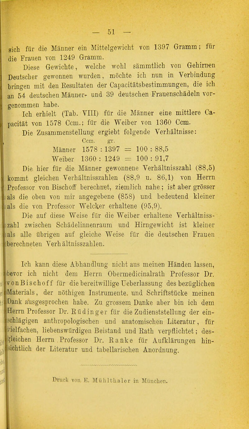 sich für die Männer ein MittelgewicM von 1397 Gramm; für die Frauen von 1249 Gramm. Diese Gewichte, welche wohl sämmtlich von Gehirn^en Deutscher gewonnen wurden, möchte ich nun in Verbindung bringen mit den Kesultaten der Capacitätsbestimmungen, die ich an 54 deutschen Männer^ und 39 deutschen Frauenschädeln vor- genommen habe. Ich erhielt (Tab. VIII) für die Männer eine mittlere Ca- pacität von 1578 Gem.; für die Weiber von 1360 Gern. Die Zusammenstellung ergiebt folgende Verhältnisse: Ccm. gr. Männer 1578 : 1397 = 100 : 88,5 Weiber 1360 : 1249 = 100 : 91,7 Die hier für die Männer gewonnene Verhältnisszahl (88,5) kommt gleichen Verhältnisszahlen (88,9 u. 86,1) von Herrn Professor von Bisch off berechn-et, ziemlich nahe ; ist aber grösser als die oben von mir angegebene (858) und bedeutend kleiner als die von Professor Welcher erhaltene (95,9). Die auf diese Weise für die Weiber erhaltene Verhältniss- zahl zwischen Schädelinuenraum und Hirngewicht ist kleiner als alle übrigen auf gleiche Weise für die deutschen Frauen berechneten Verhältnisszahlen. I Ich kann diese Abhandlung nicht aus meinen Händen lassen, Ibevor ich nicht dem Herrn Obermedicinalrath Professor Dr. alvon Bischoff für die bereitwillige Ueberlassung des bezüglichen ;r iMaterials, der uöthigen Instrumente, und Schriftstücke meinen tJDank ausgesprochen habe. Zu grossem Danke aber bin ich dem iHerrn Professor Dr. Rüdinger für die Zudienststellung der ein- iJchlägigen anthropologischen und anatomischen Literatur, für l^ielfachen, liebenswürdigen Beistand und Rath verpflichtet; des- jijfeleichen Herrn . Professor Dr. Ranke für Aufklärungen hin- l^|;|Jichtlich der Literatur und tabellarischen Anordnung. itel lljill Druck von E. Mühlthalor in München.