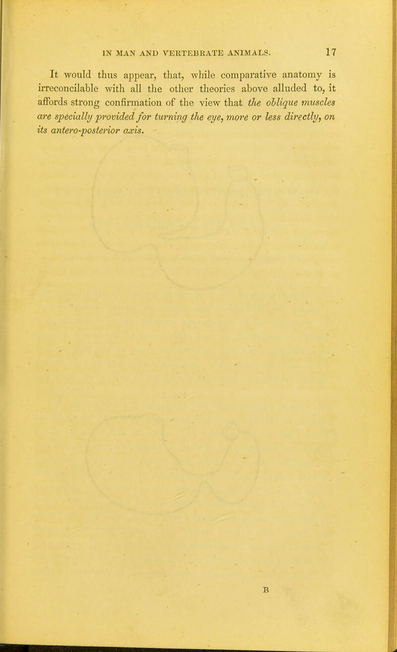 It would thus appear, that, while comparative anatomy is irreconcilable with all the other theories above alluded to, it affords strong confirmation of the view that the oblique muscles are specially provided for turning the eye, more or less directly, on its antero-posterior axis. B