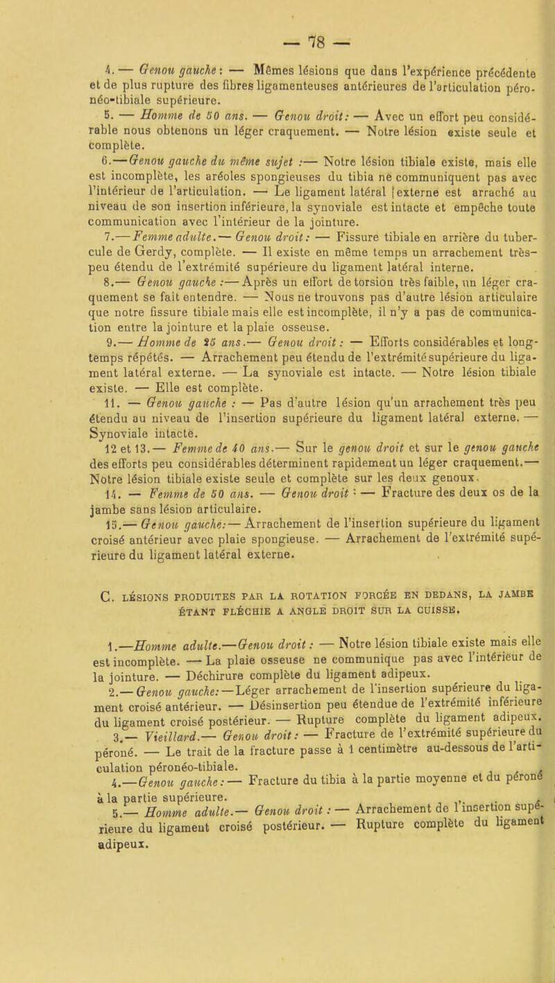 4. — Genou gauche: — Mômes lésions que dans l'expérience précédente et de plus rupture des fibres ligamenteuses antérieures de l'articulation péro- néo-tibiale supérieure. 5. — Homme de SO ans. — Genou droit: — Avec un effort peu considé- rable nous obtenons un léger craquement. — Notre lésion existe seule et complète. C.—Genou gauclie du même sujet :— Notre lésion tibiale existe, mais elle est incomplète, les aréoles spongieuses du tibia ne communiquent pas avec l'intérieur de l'articulation. — Le ligament latéral [externe est arraché au niveau de son insertion inférieure, la synoviale est intacte et empScbe toute communication avec l'intérieur de la jointure. 7. —Femme adulte.— Genou droit: — Fissure tibiale en arrière du tuber- cule de Gerdy, complète. — Il existe en même temps un arrachement très peu étendu de l'extrémité supérieure du ligament latéral interne. 8. — Genou gauche:—Après un effort de torsion très faible, un léger cra quement se fait entendre. — Nous ne trouvons pas d'autre lésion articulaire que notre fissure tibiale mais elle est incomplète, il n'y a pas de communica- tion entre la jointure et la plaie osseuse. 9. — Homme de SS ans.— Genou droit: — Efforts considérables et long- temps répétés. — Arrachement peu étendu de l'extrémité supérieure du liga- ment latéral externe. — La synoviale est intacte. — Notre lésion tibiale existe. — Elle est complète. 11. — Genou gauche : — Pas d'autre lésion qu'un arrachement très peu étendu au niveau de l'insertion supérieure du ligament latéral externe. Synoviale intacte. 12 et 13.— Femmede 40 ans.— Sur le genou droit et sur le genou gaueh des efforts peu considérables déterminent rapidement un léger craquement. Notre lésion tibiale existe seule et complète sur les deux genoux. 14. — Femme de SO ans. — Genou droit '■ — Fracture des deux os de 1 jambe sans lésion articulaire. 15. — Genou gauche:— Arrachement de l'insertion supérieure du ligamen croisé antérieur avec plaie spongieuse. — Arrachement de l'extrémité sup rieure du ligament latéral externe. C. LÉSIONS PRODUITES PAR LA ROTATION FORCÉE EN DEDANS, LA JAMES ÉTANT FLÉCHIE A ANGLE DROIT SUR LA CUISSE. 1.—Homme adulte.—Genou droit: — Notre lésion tibiale existe mais elle est incomplète. — La plaie osseuse ne communique pas avec l'intérieur de la jointure. — Déchirure complète du ligament adipeux. 2—Genou gauche:—Léger arrachement de l'insertion supérieure du liga- ment croisé antérieur. — Désinserlion peu étendue de l'extrémité inférieure du ligament croisé postérieur. — Rupture complète du ligament adipeux. 3,_ Yieiiiard.— Genou droit: — Fracture de l'extrémité supérieure du péroné. — Le trait de la fracture passe à 1 centimètre au-dessous de l'arti- culation péronéo-tibiale. j x x i—Qenou gauche:— Fracture du tibia à la partie moyenne et du péroné à la partie supérieure. 5.— Homme adulte.— Genou droit : — Arrachement de 1 insertion supé- rieure du ligament croisé postérieur. — Rupture complète du ligament adipeux.